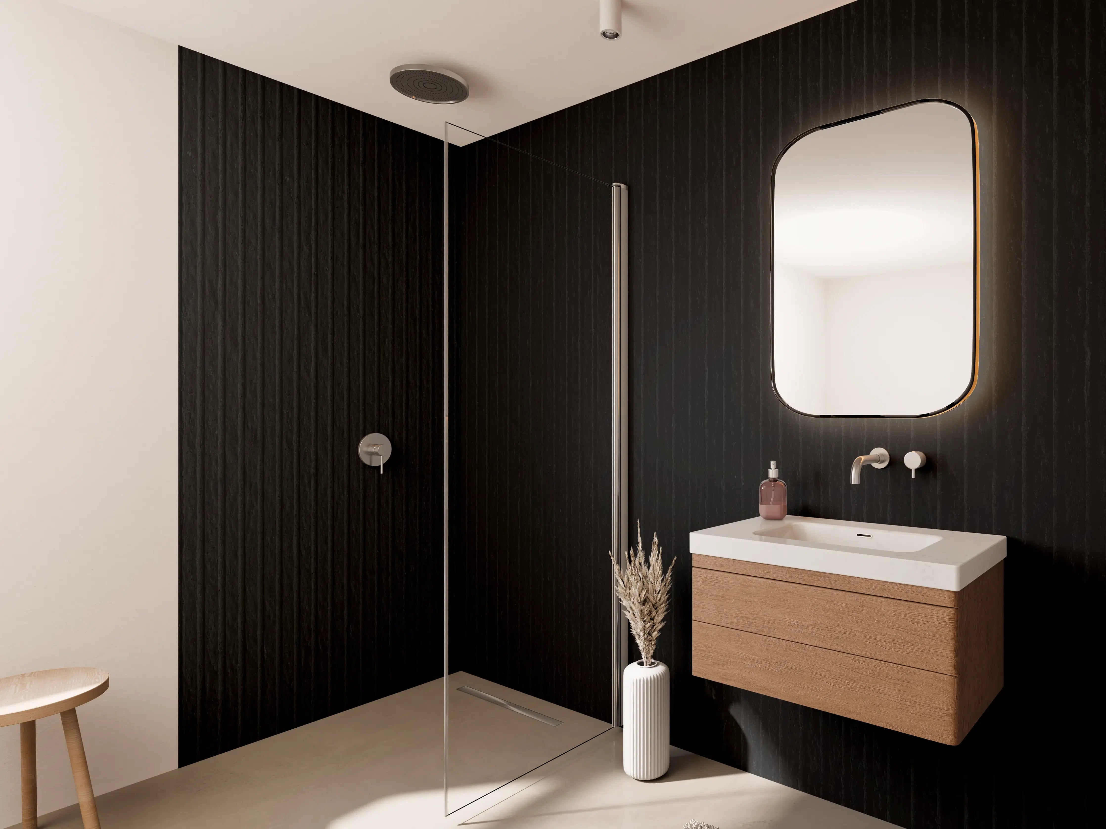 Wandverkleidung Bad - Schwarze moderne Zementwand mit Linien Muster