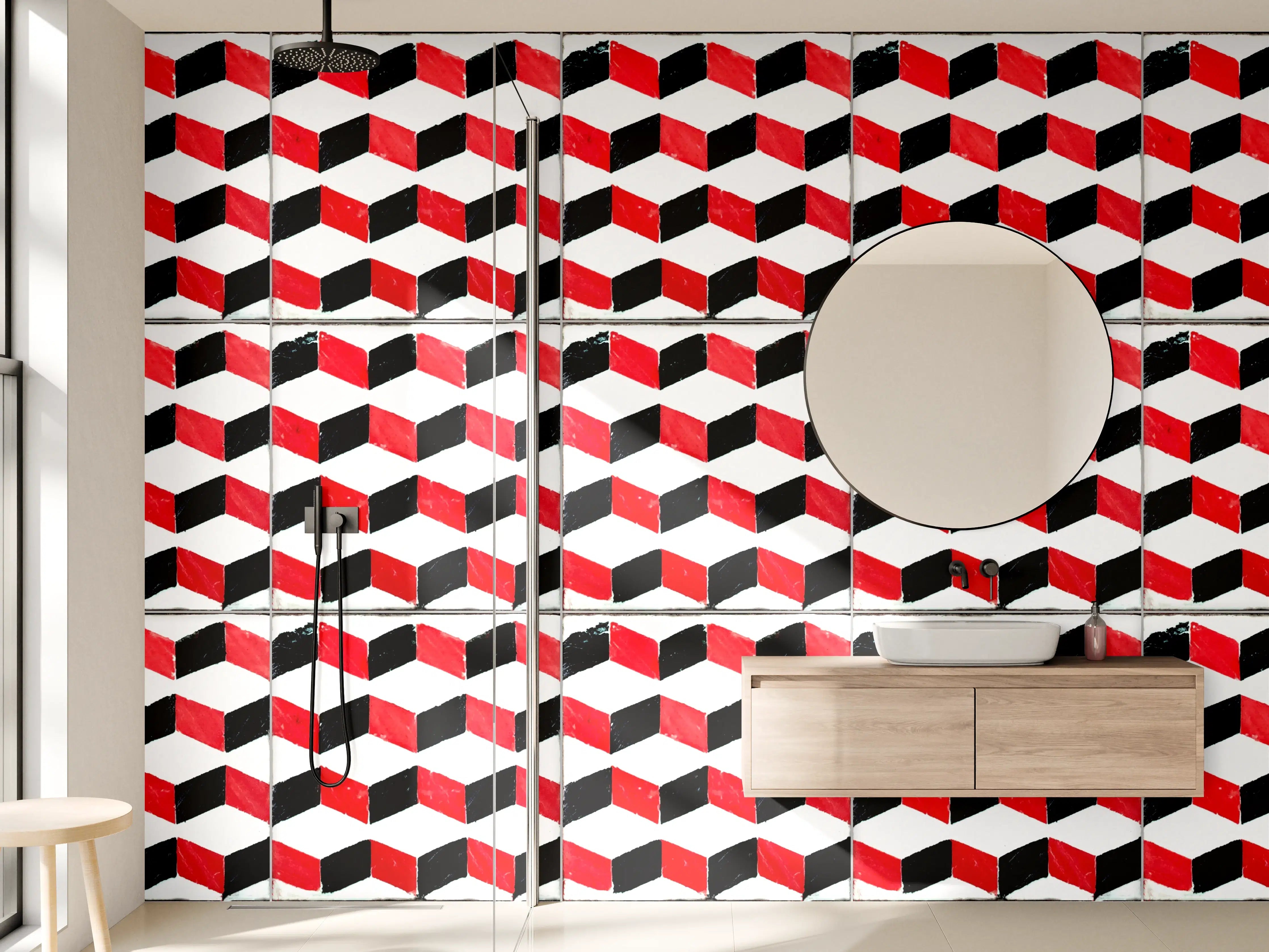 Wandverkleidung Bad - Schwarze, rote und weiße geometrische Tapete