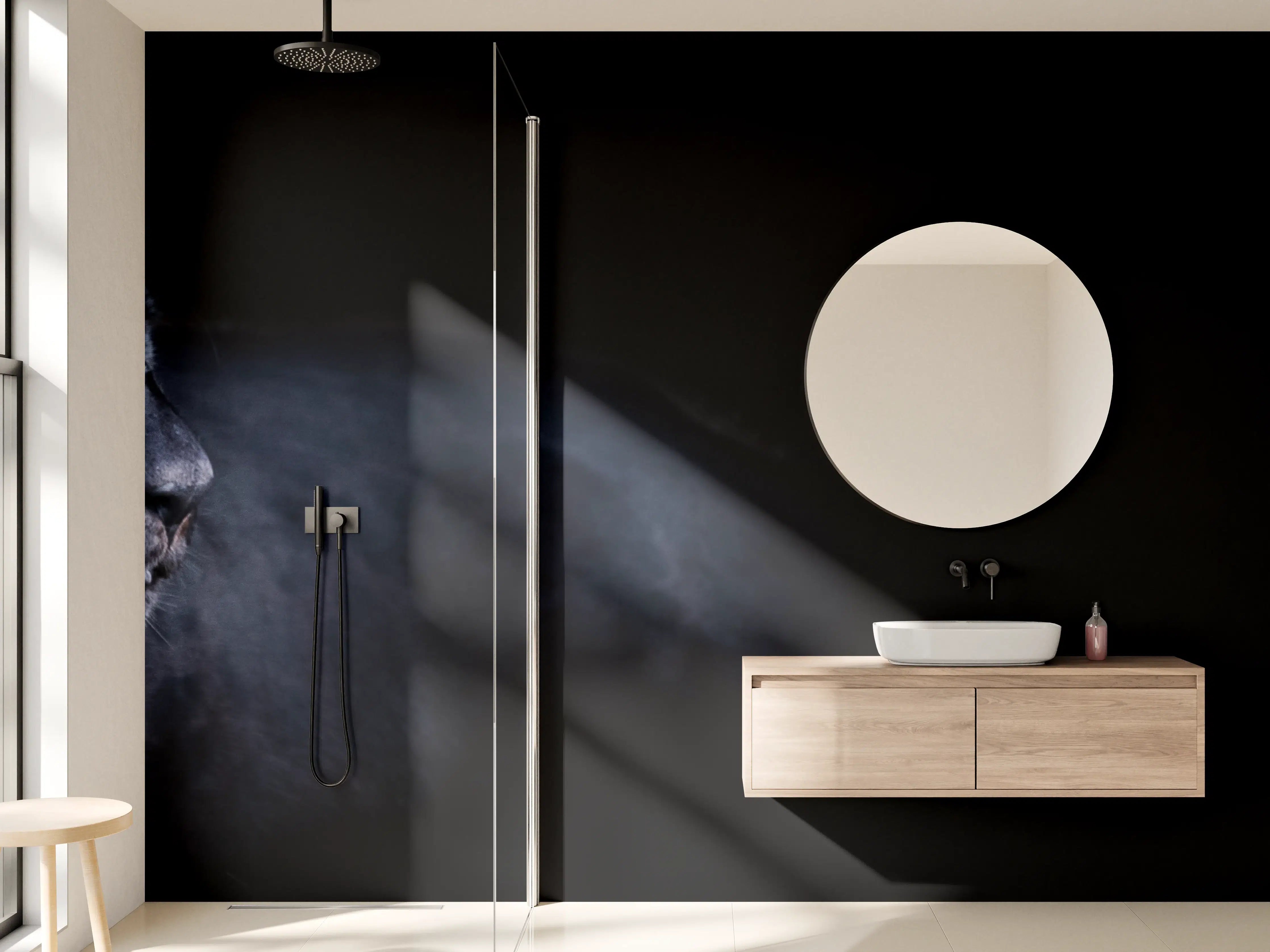 Wandverkleidung Bad - Schwarzen Panther mit schwarzem Hintergrund