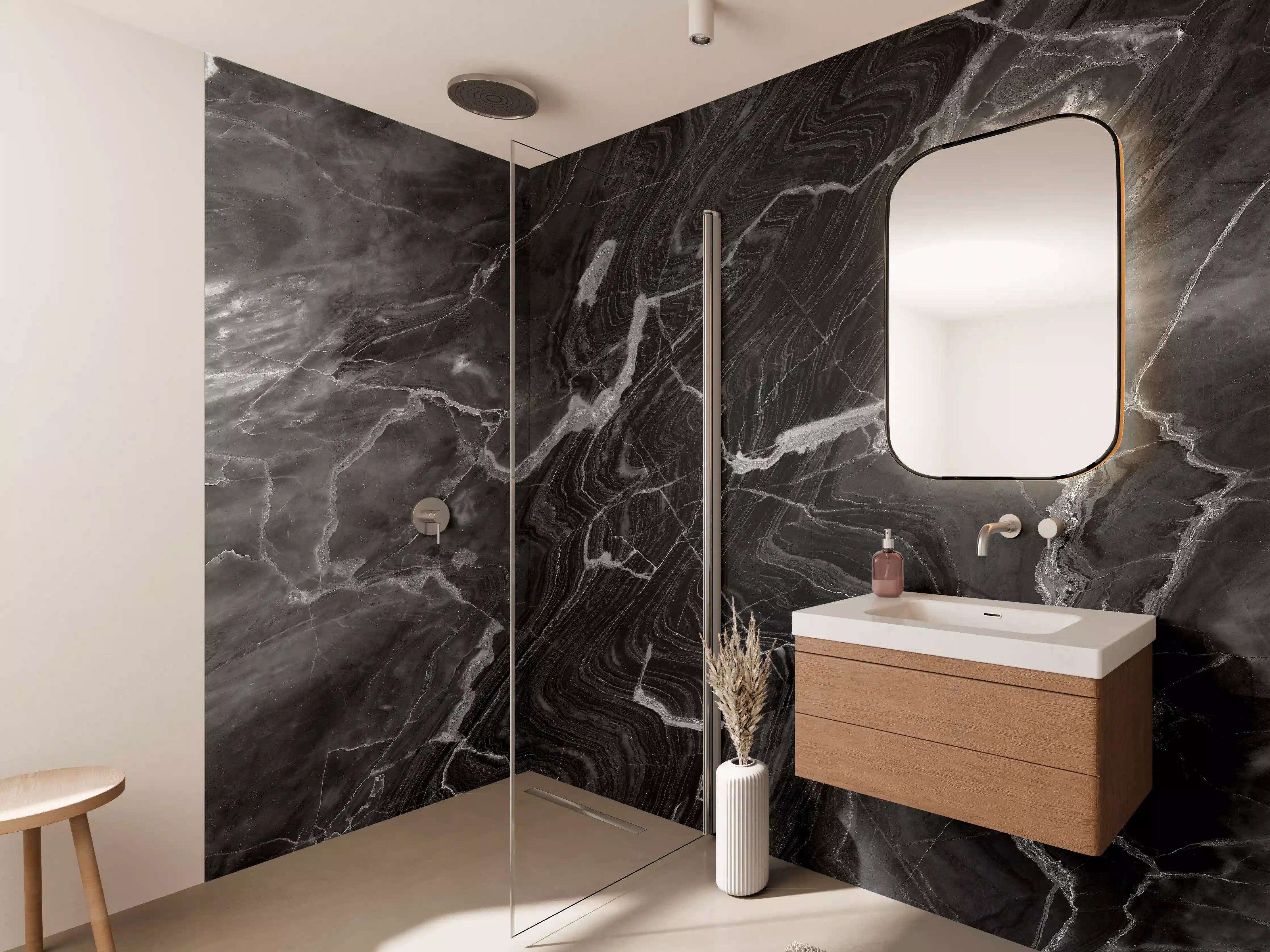 Wandverkleidung Bad - Schwarzer Marmor mit weißen Adern