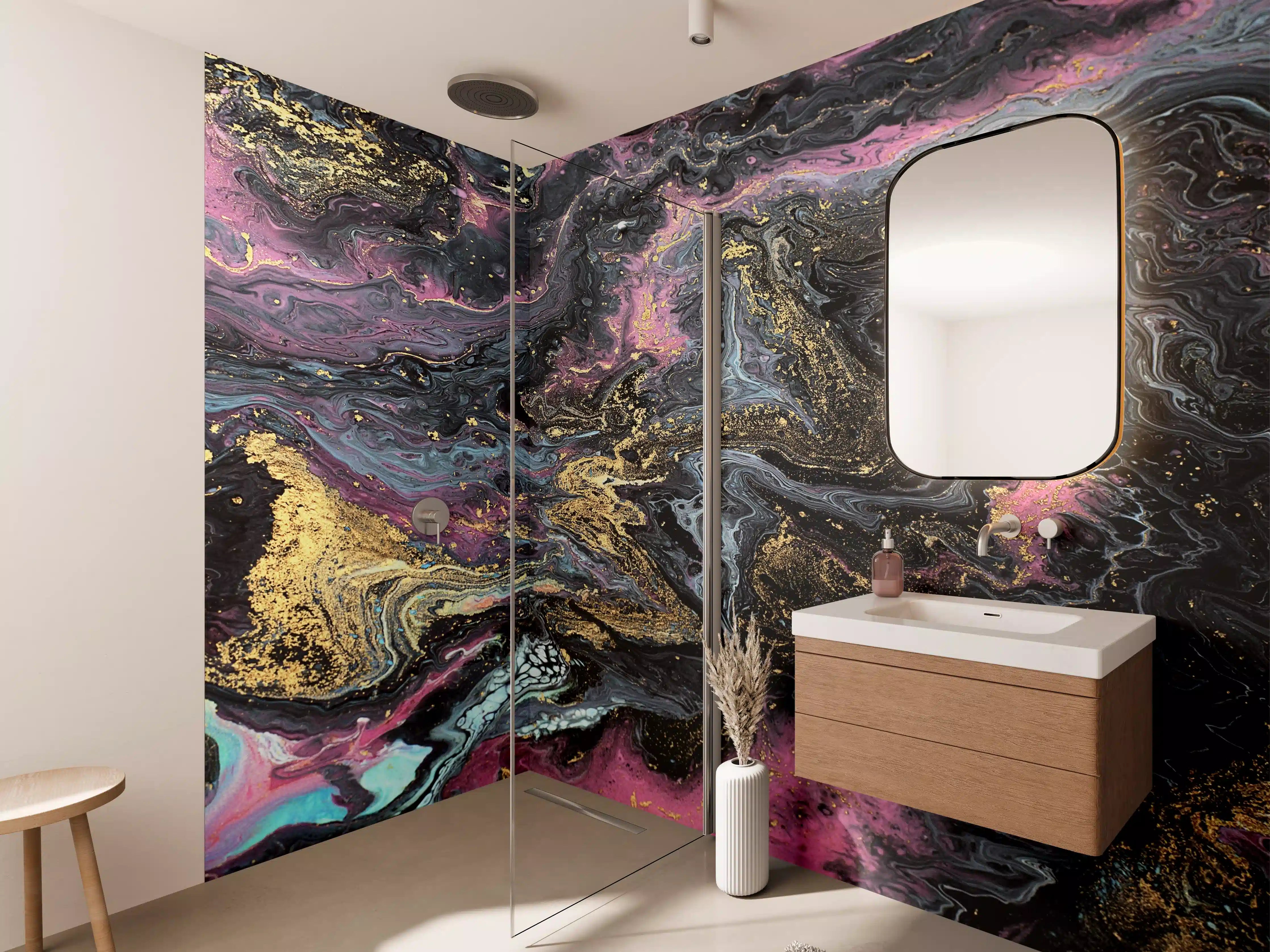 Wandverkleidung Bad - Schwarzer, goldener und lila Marmor-Textur