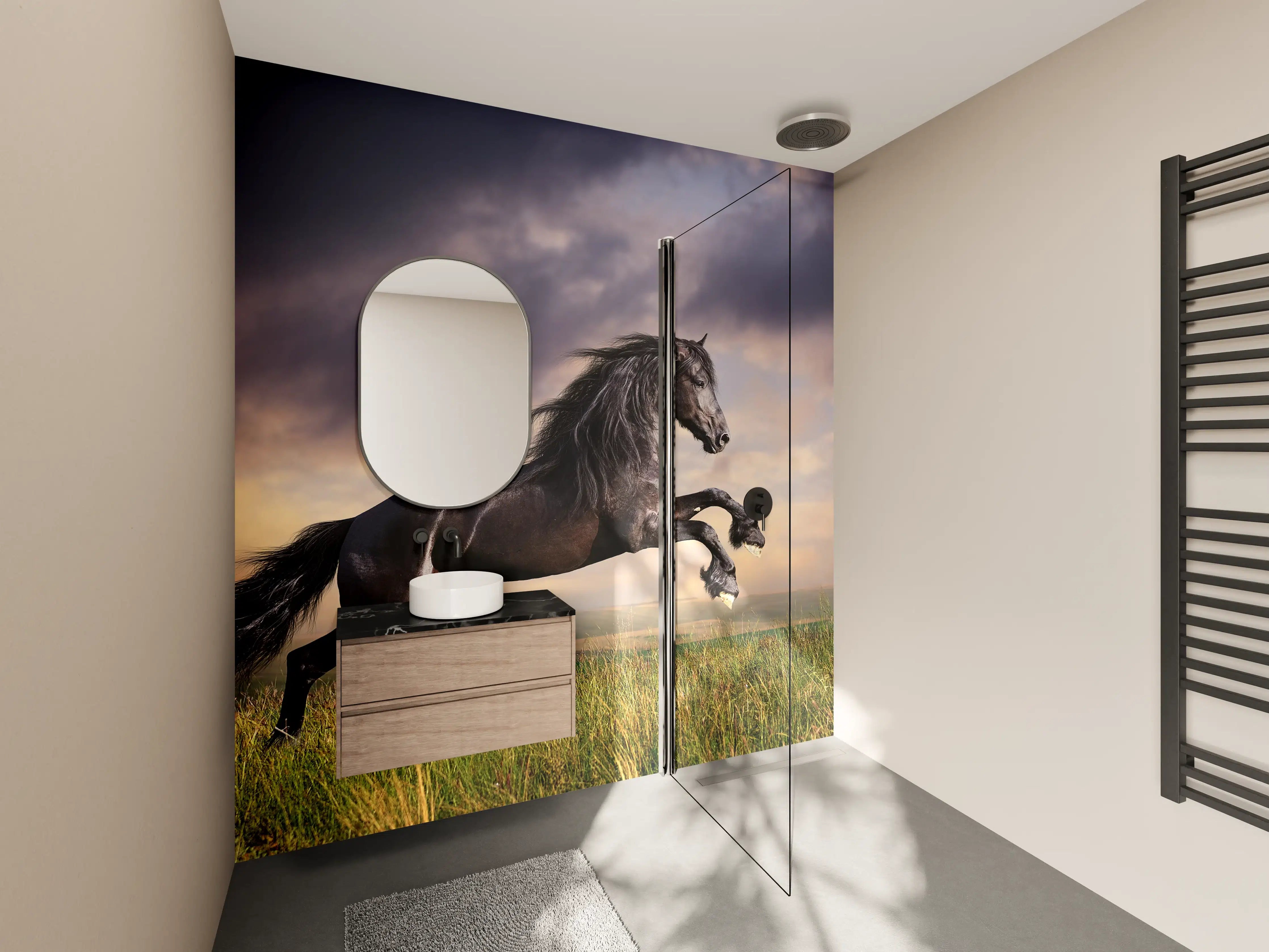 Wandverkleidung Bad - Schwarzes Friesenpferd Galopp