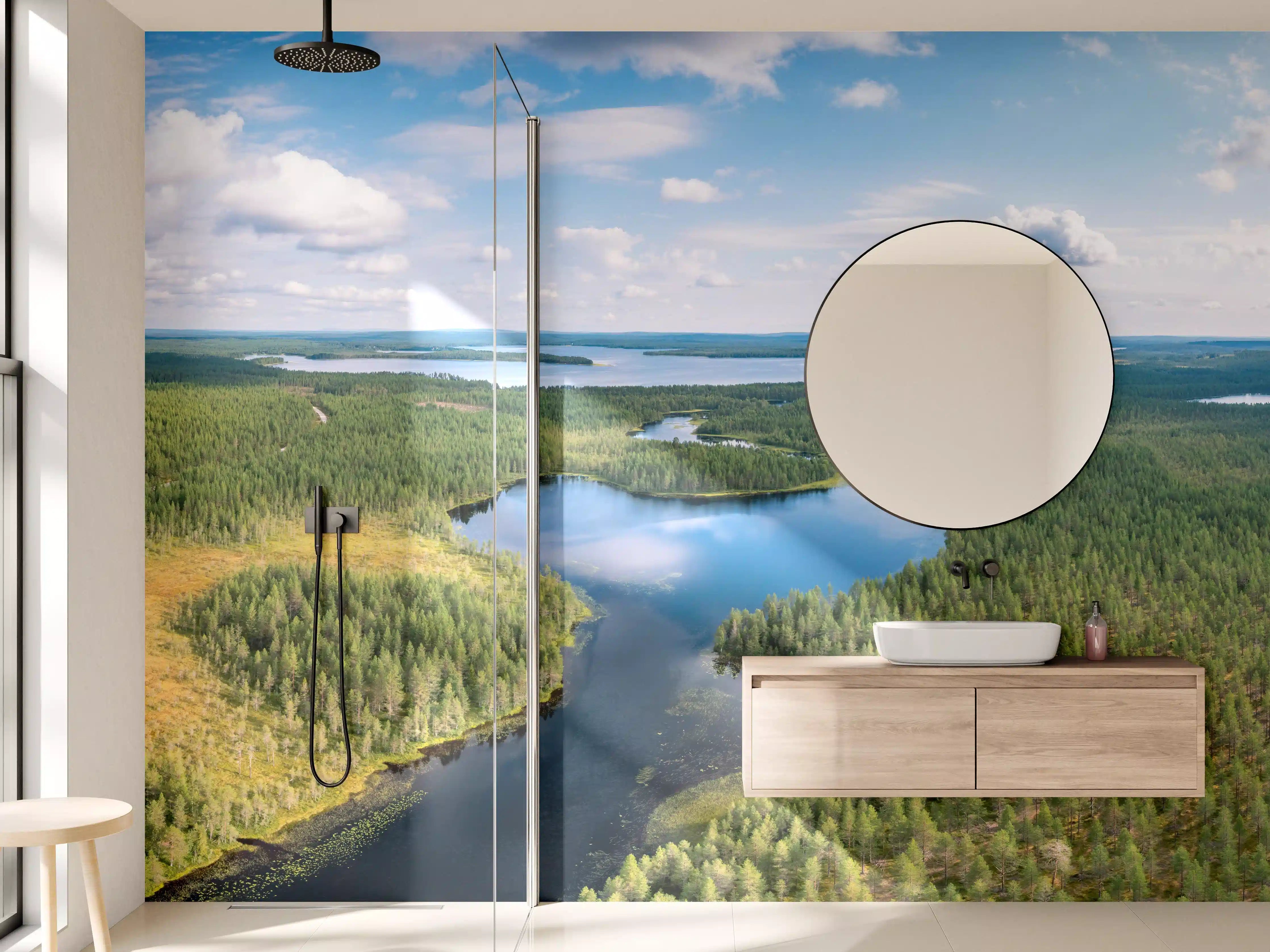 Wandverkleidung Bad - Schwedische Seenlandschaft Luftaufnahme