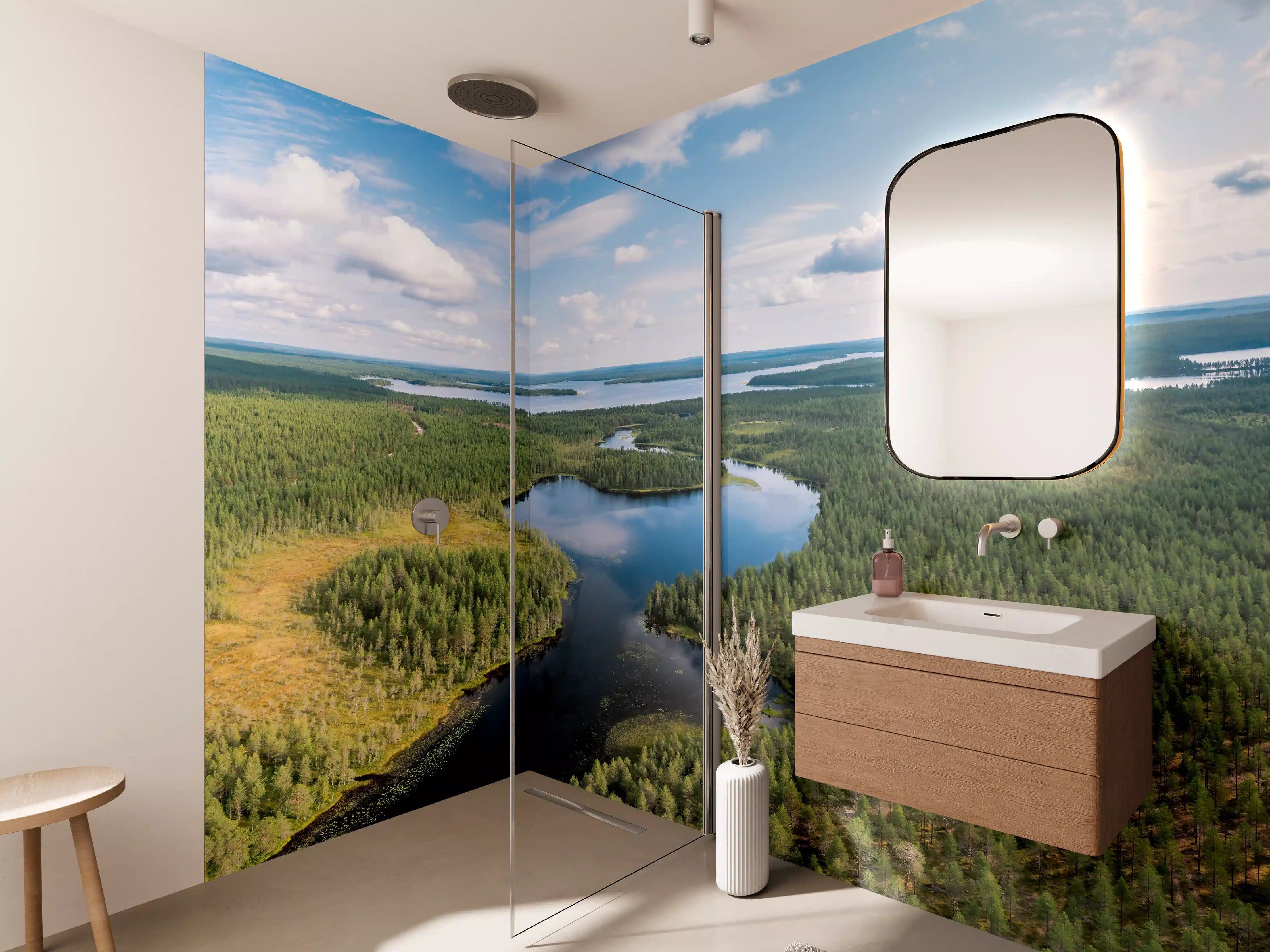 Wandverkleidung Bad - Schwedische Seenlandschaft Luftaufnahme