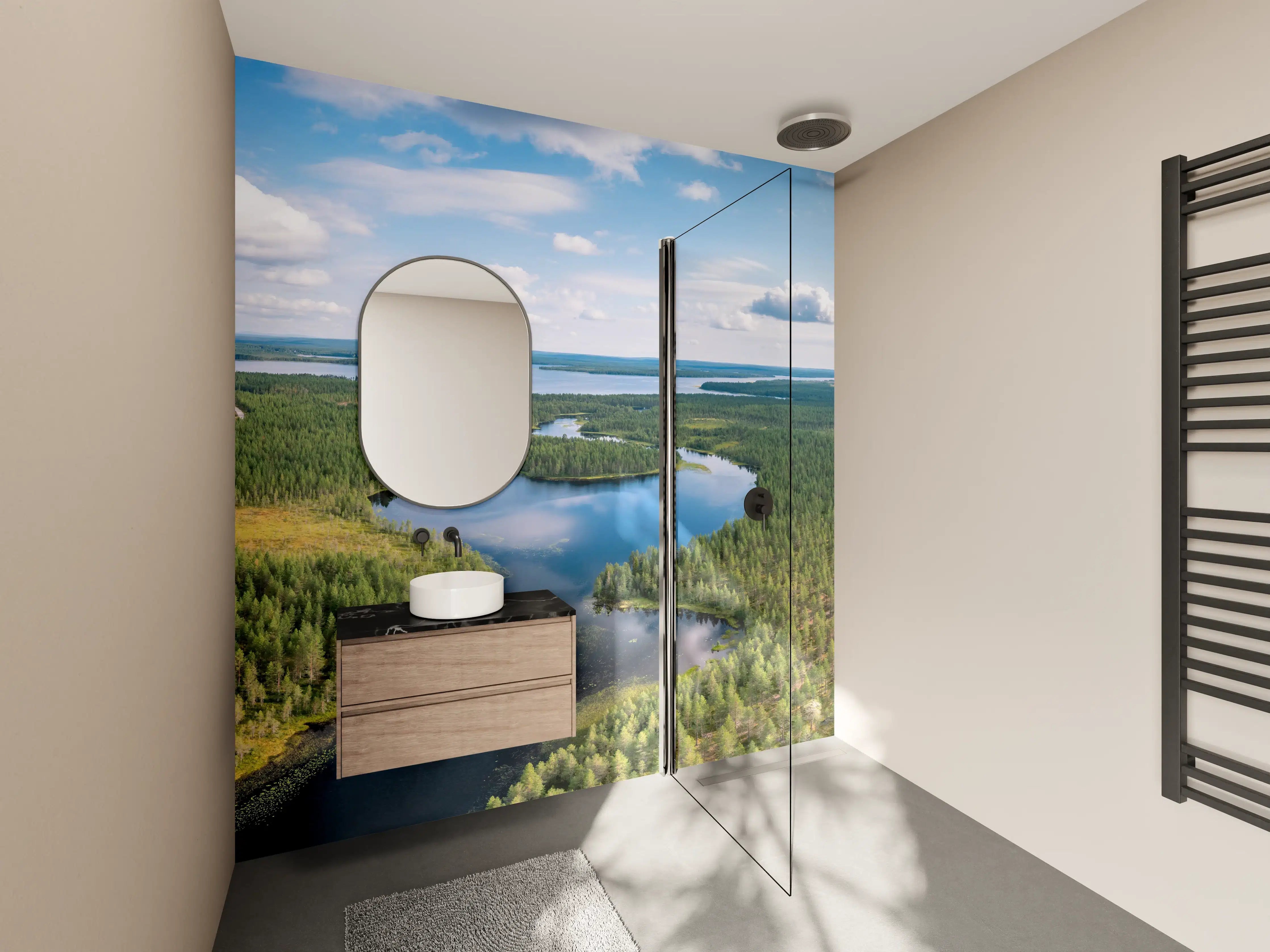 Wandverkleidung Bad - Schwedische Seenlandschaft Luftaufnahme