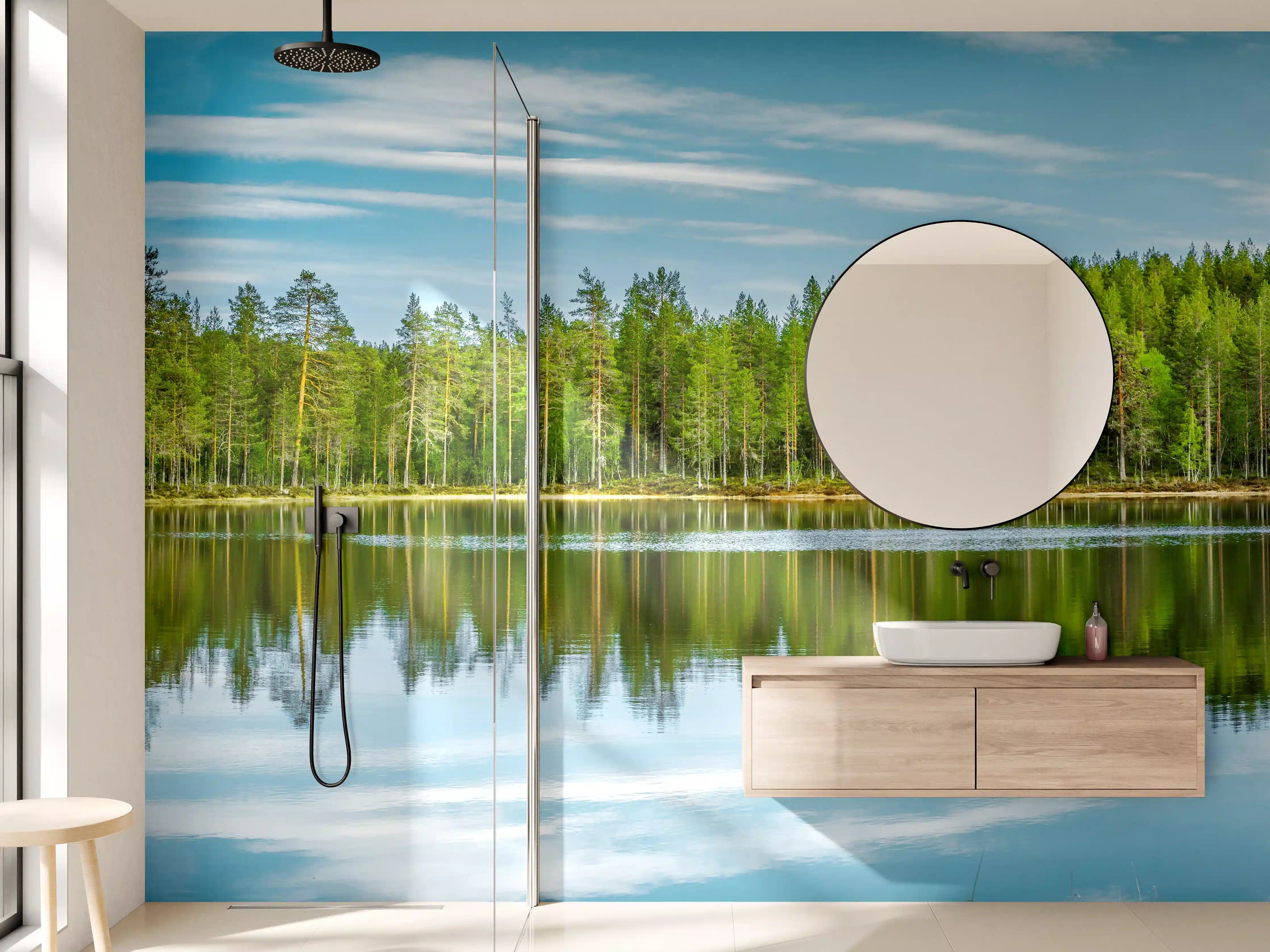 Wandverkleidung Bad - Schwedisches See-Panorama Grün-Blau