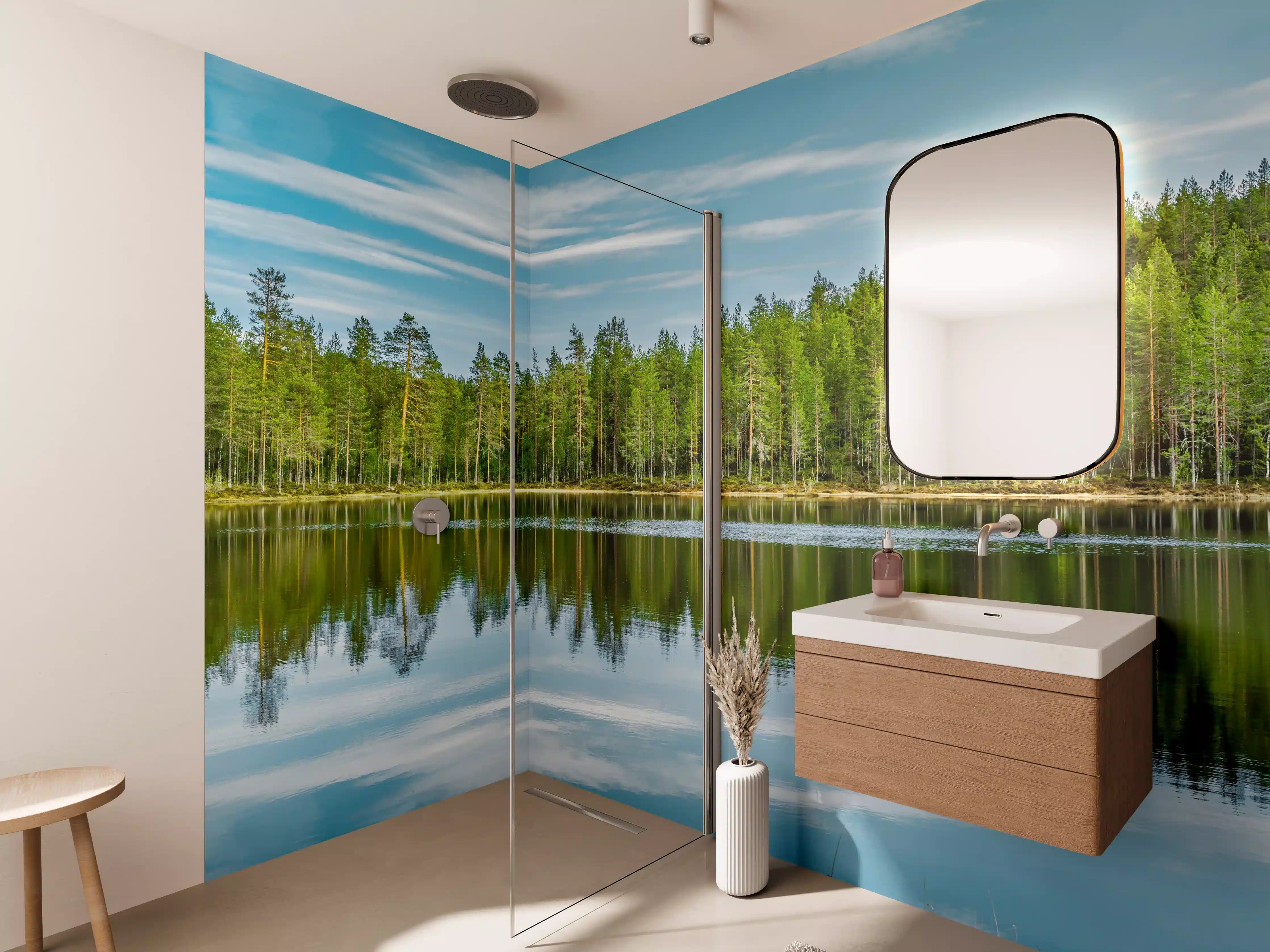 Wandverkleidung Bad - Schwedisches See-Panorama Grün-Blau