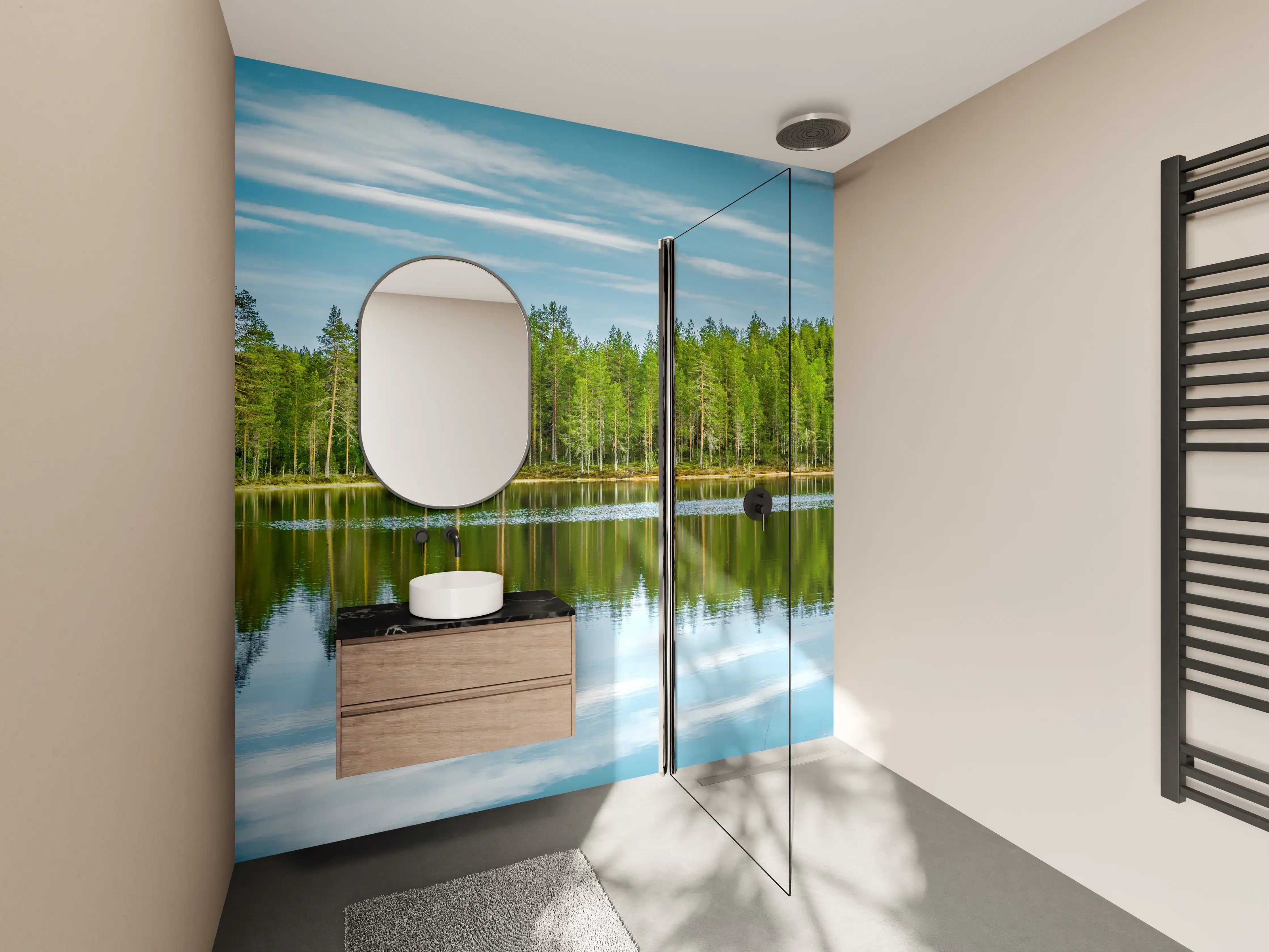 Wandverkleidung Bad - Schwedisches See-Panorama Grün-Blau