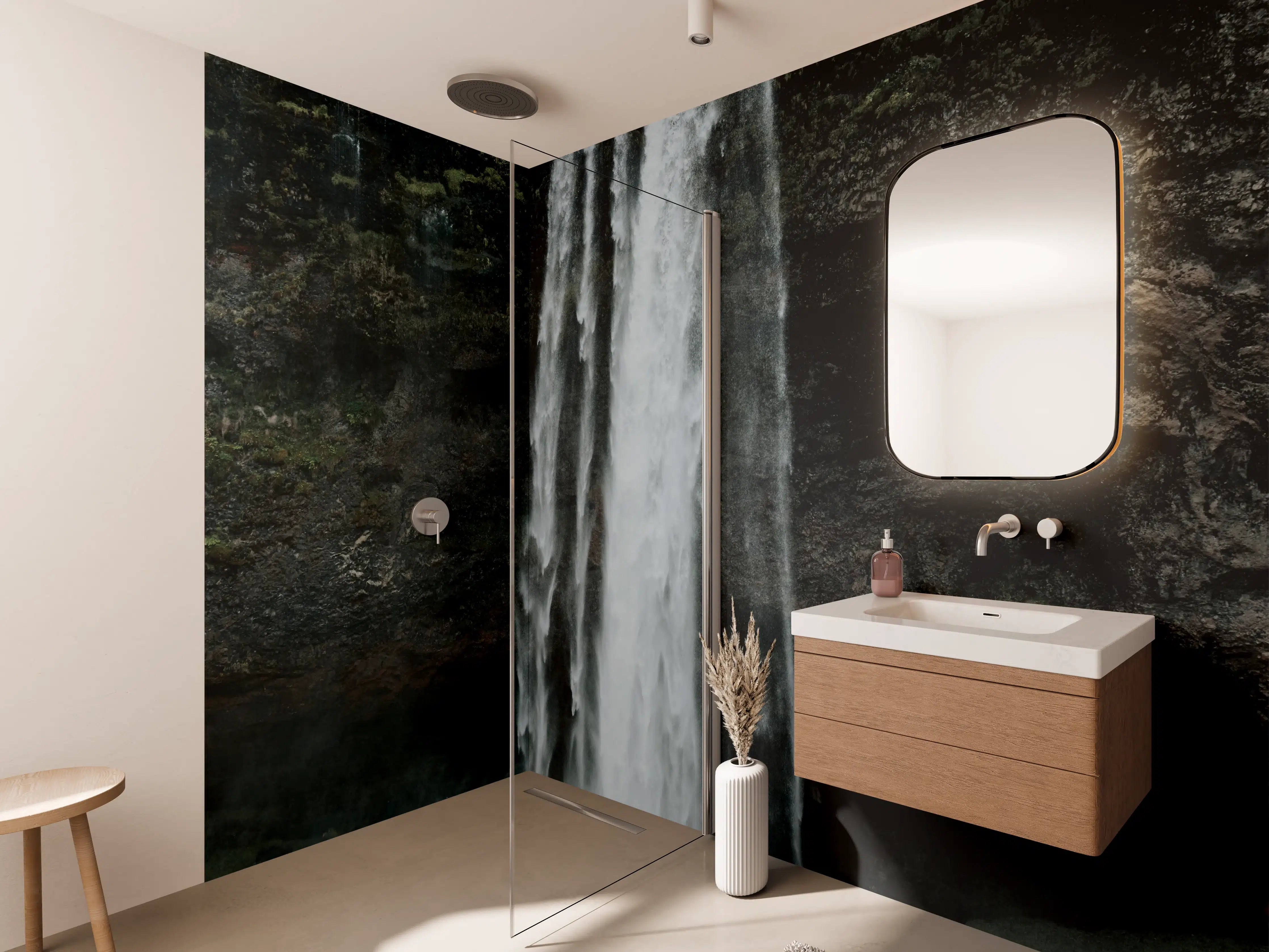 Wandverkleidung Bad - Silbergrauer Wasserfall im grünen Paradies