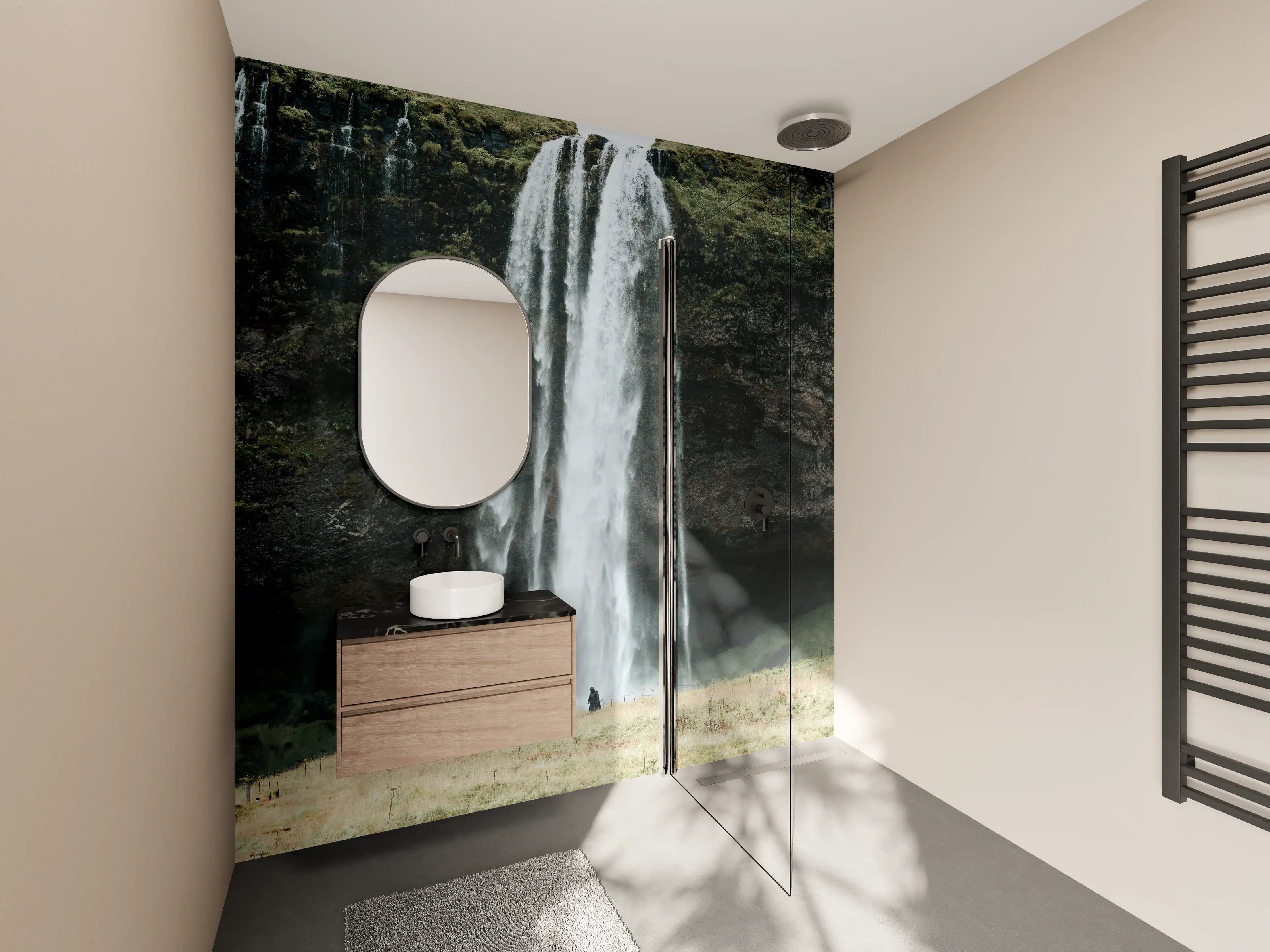 Wandverkleidung Bad - Silbergrauer Wasserfall im grünen Paradies
