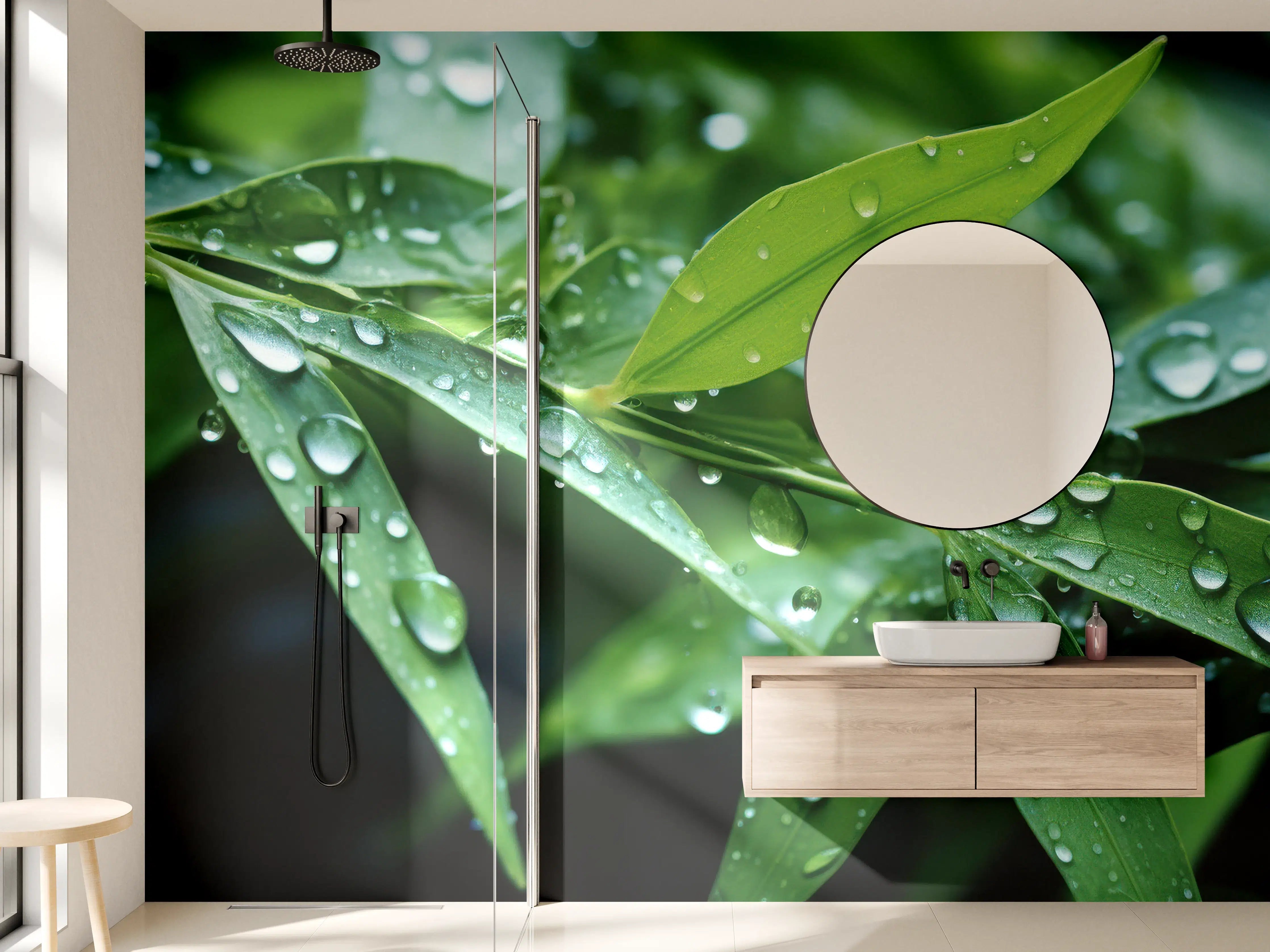 Wandverkleidung Bad - Silberne Blätter mit Tau