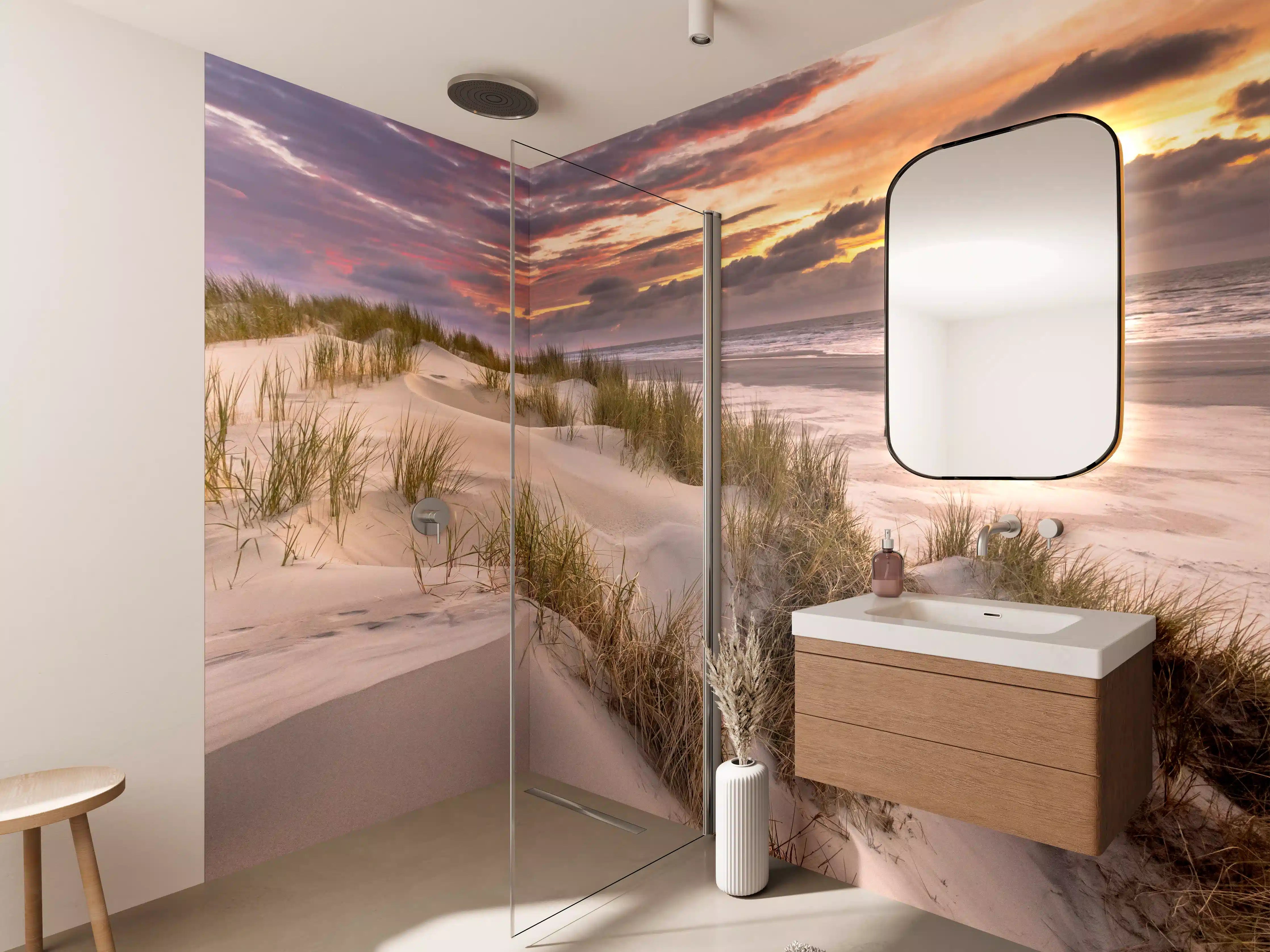 Wandverkleidung Bad - Silberne Dünen im Abendlicht