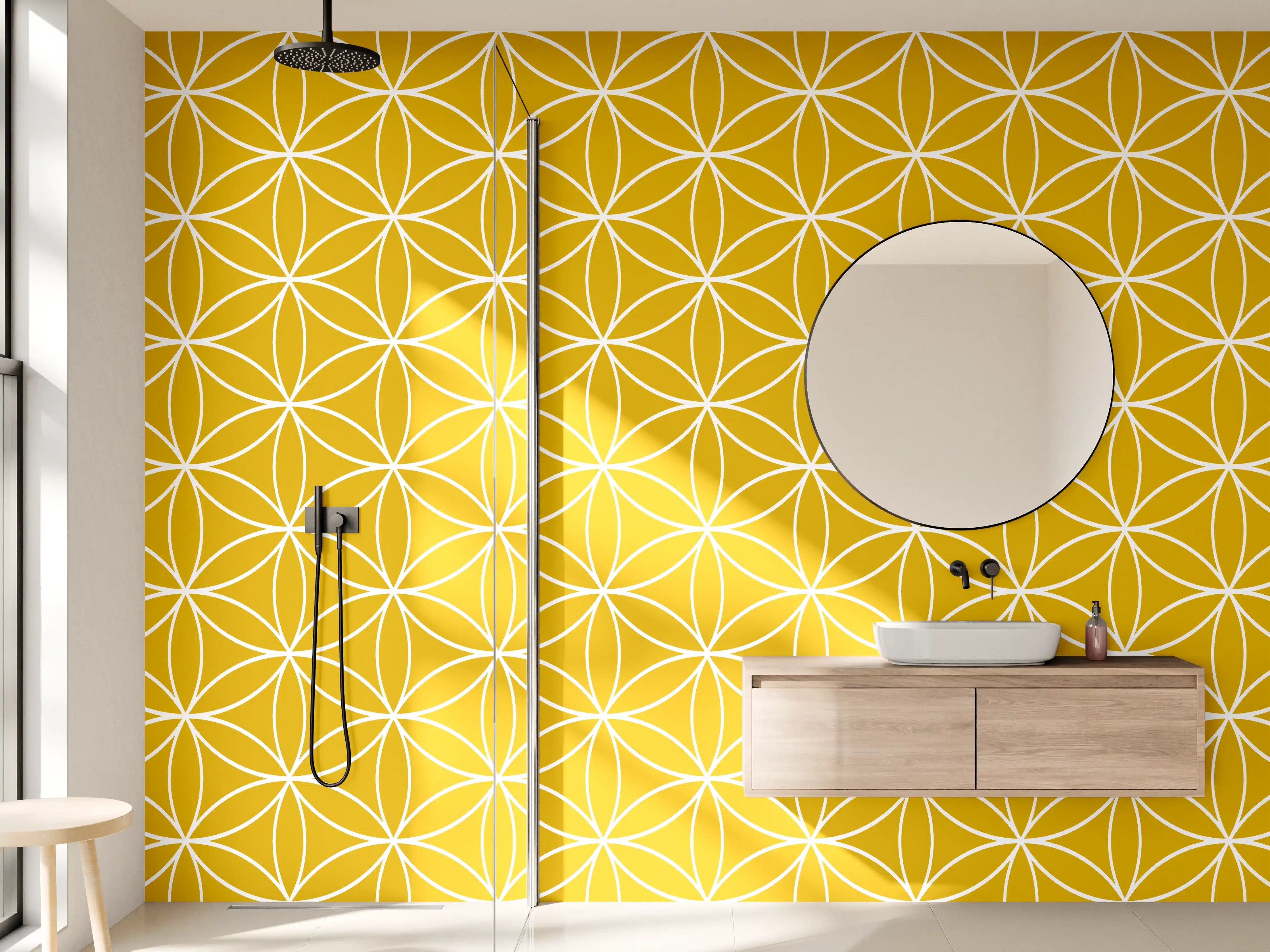 Wandverkleidung Bad - Silberne Geometrie im Grauton