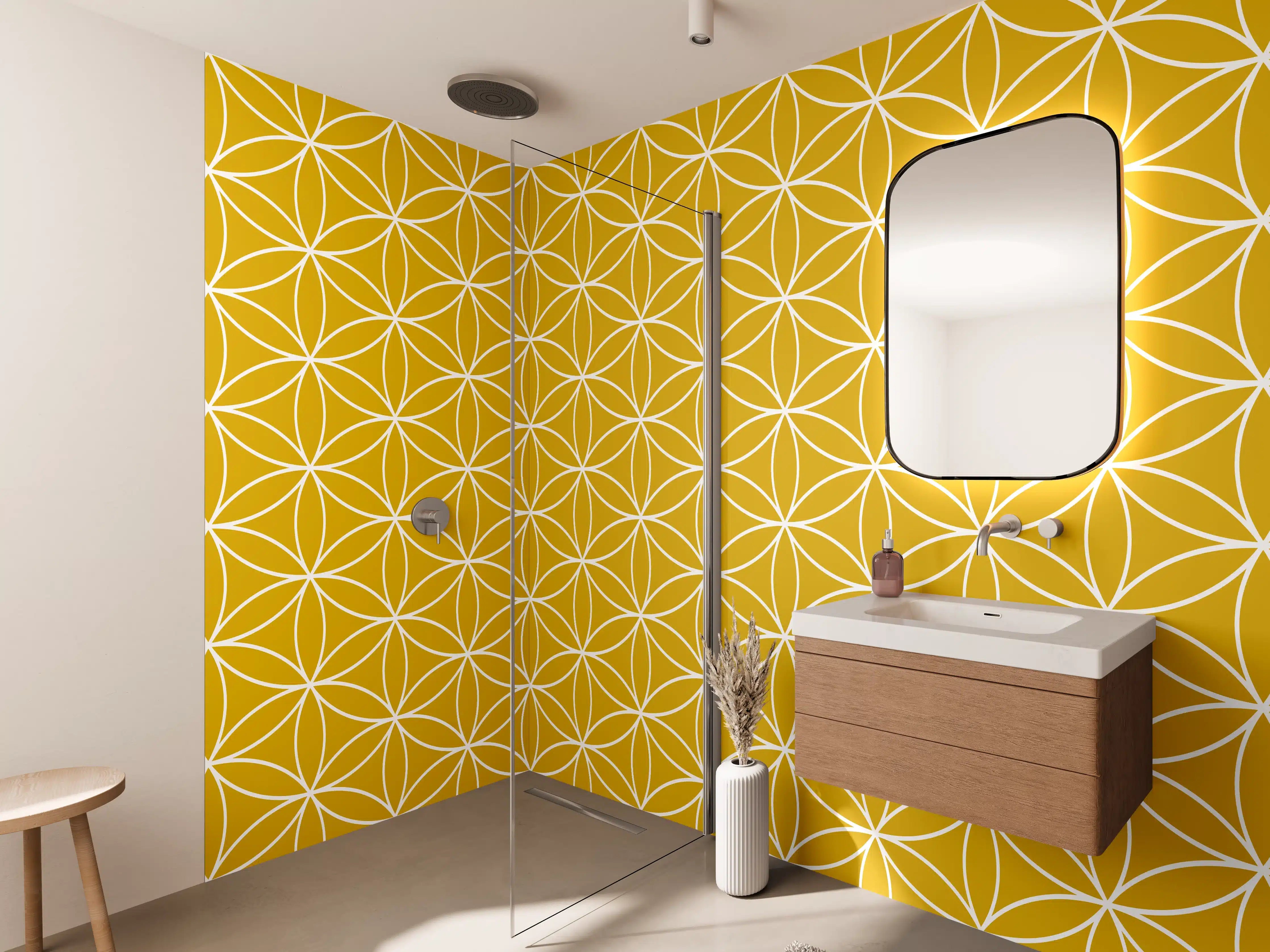 Wandverkleidung Bad - Silberne Geometrie im Grauton