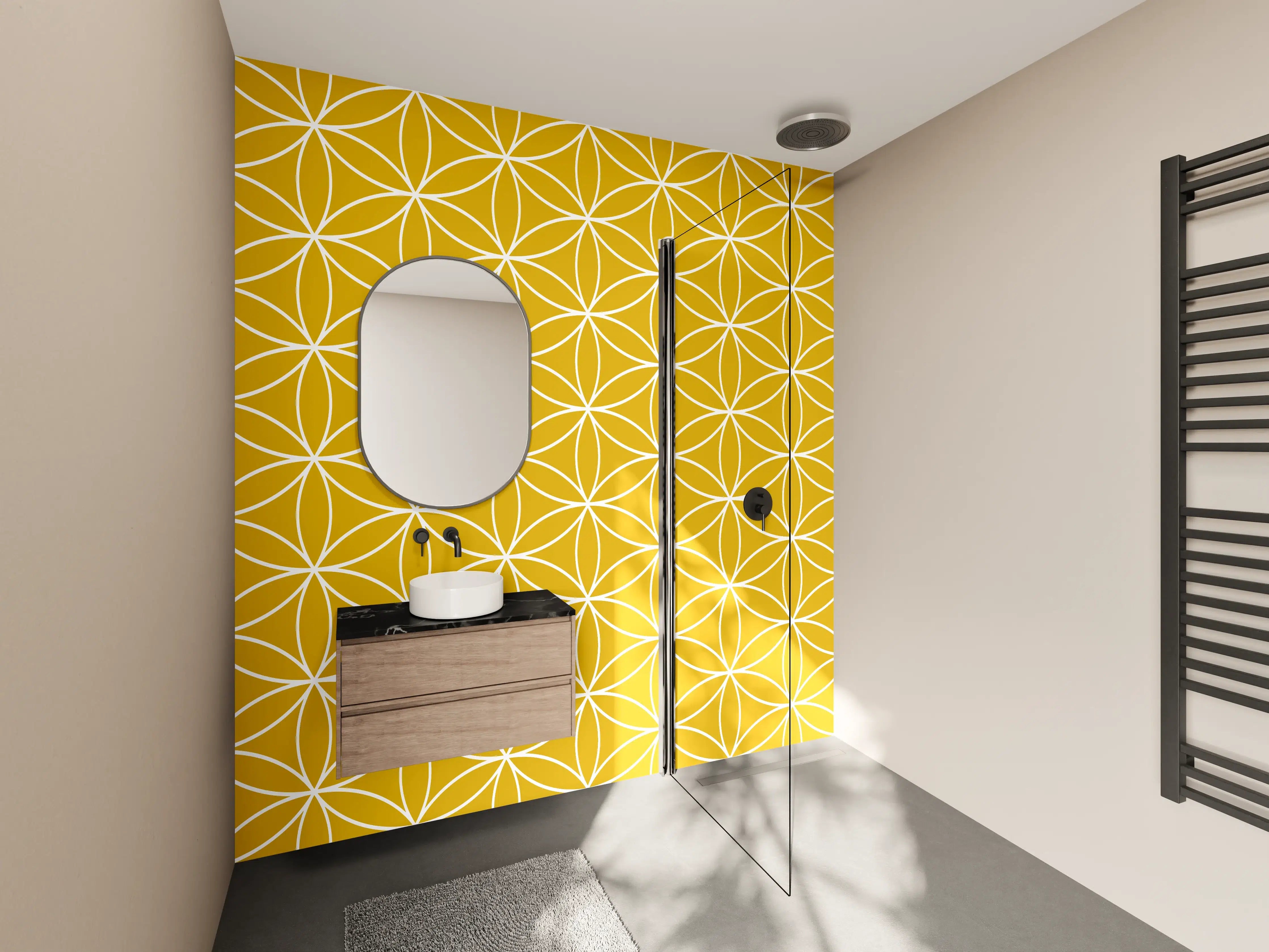 Wandverkleidung Bad - Silberne Geometrie im Grauton