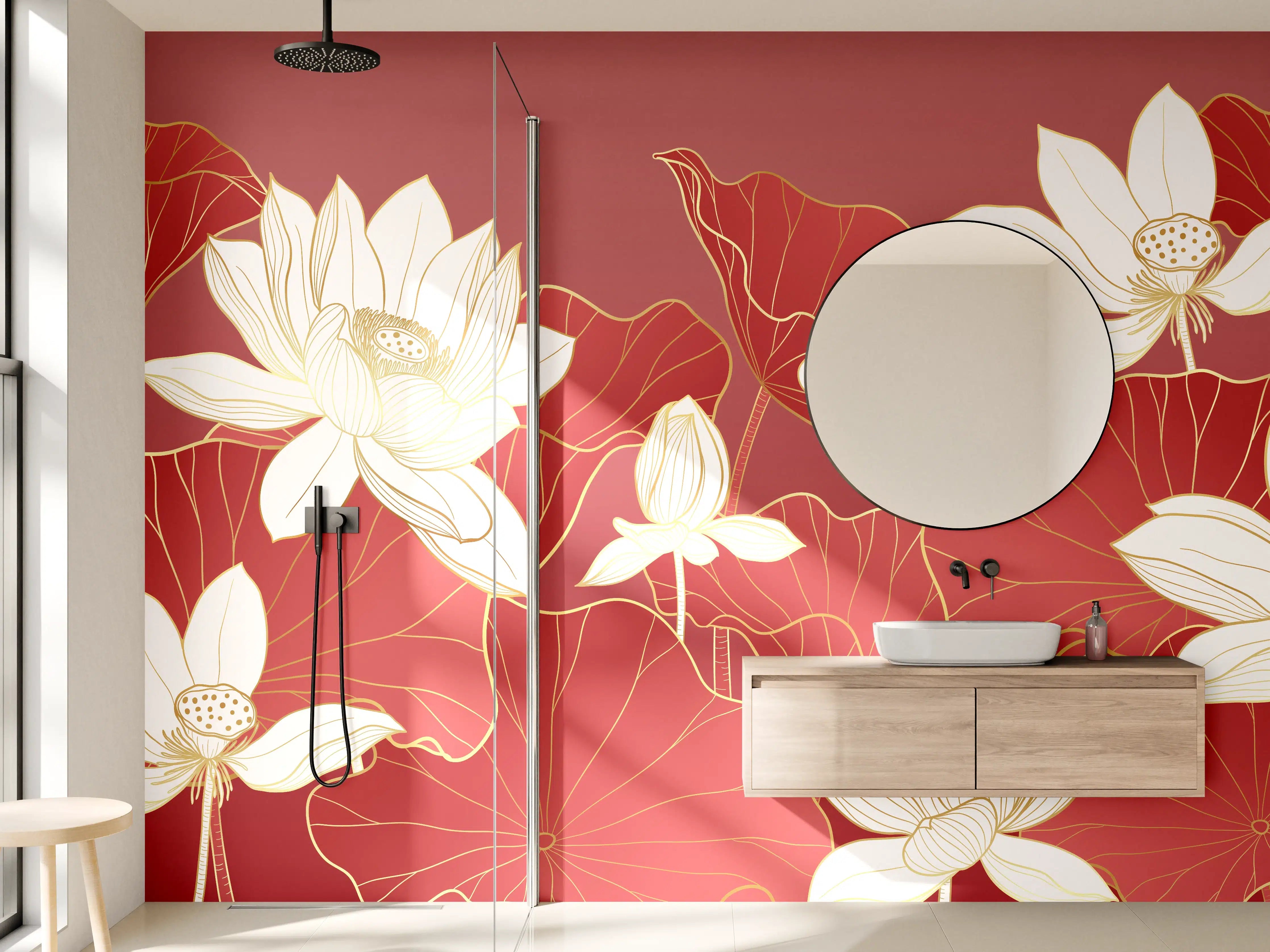 Wandverkleidung Bad - Silberne Lotus auf rotem Samt