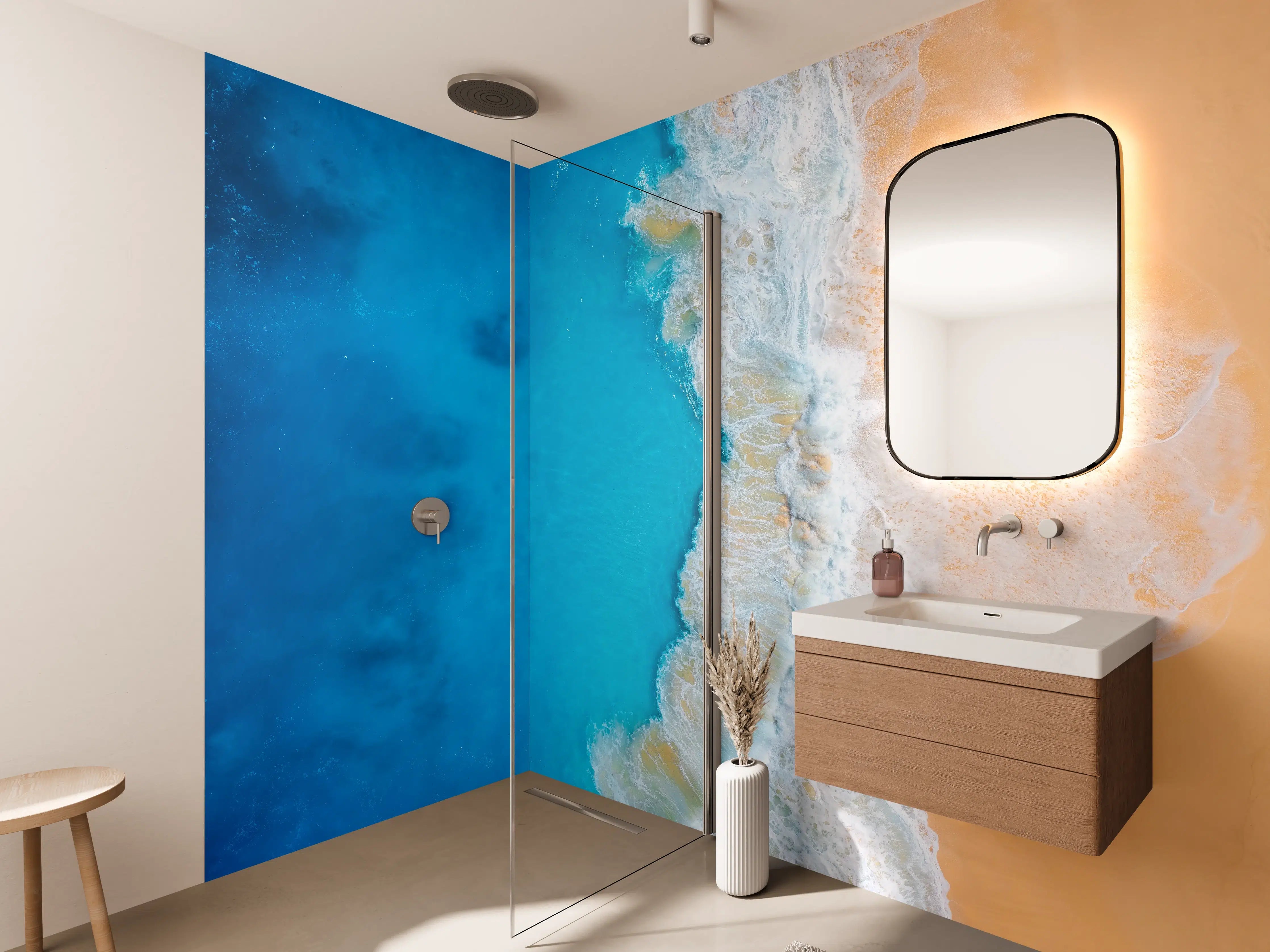 Wandverkleidung Bad - Silberne Schatten im Abendlicht