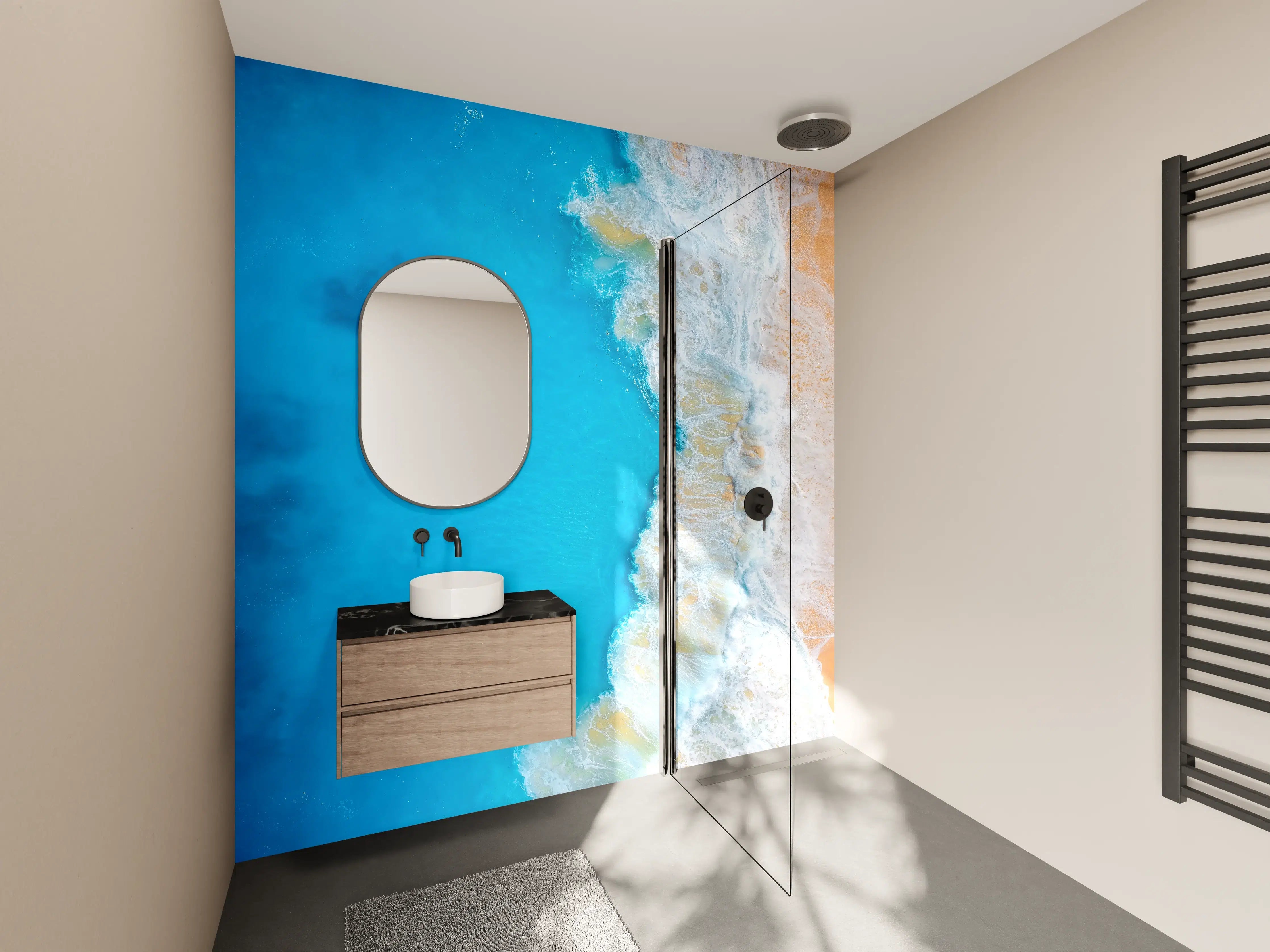 Wandverkleidung Bad - Silberne Schatten im Abendlicht