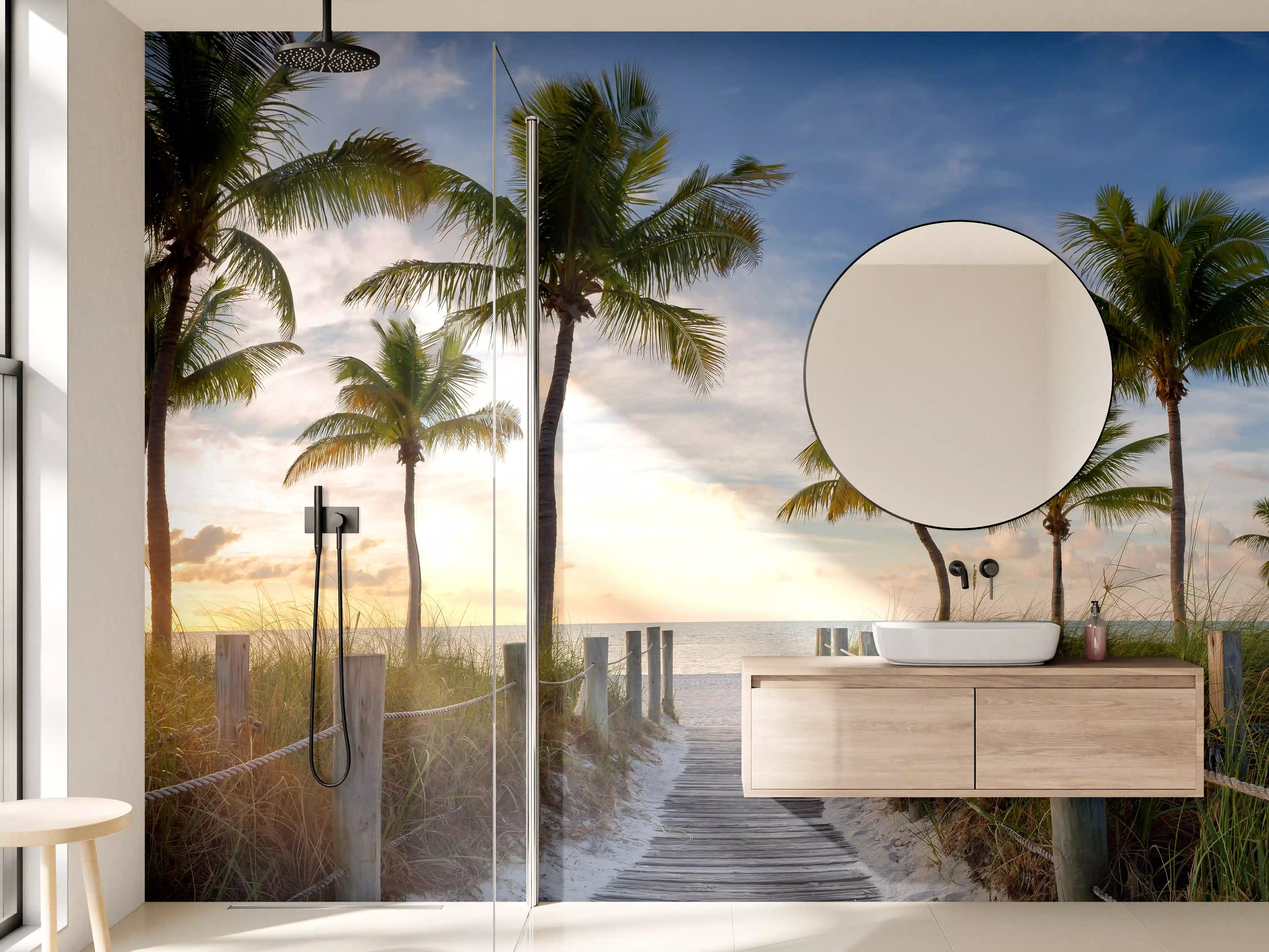 Wandverkleidung Bad - Silberner Sonnenuntergang am Palmenstrand