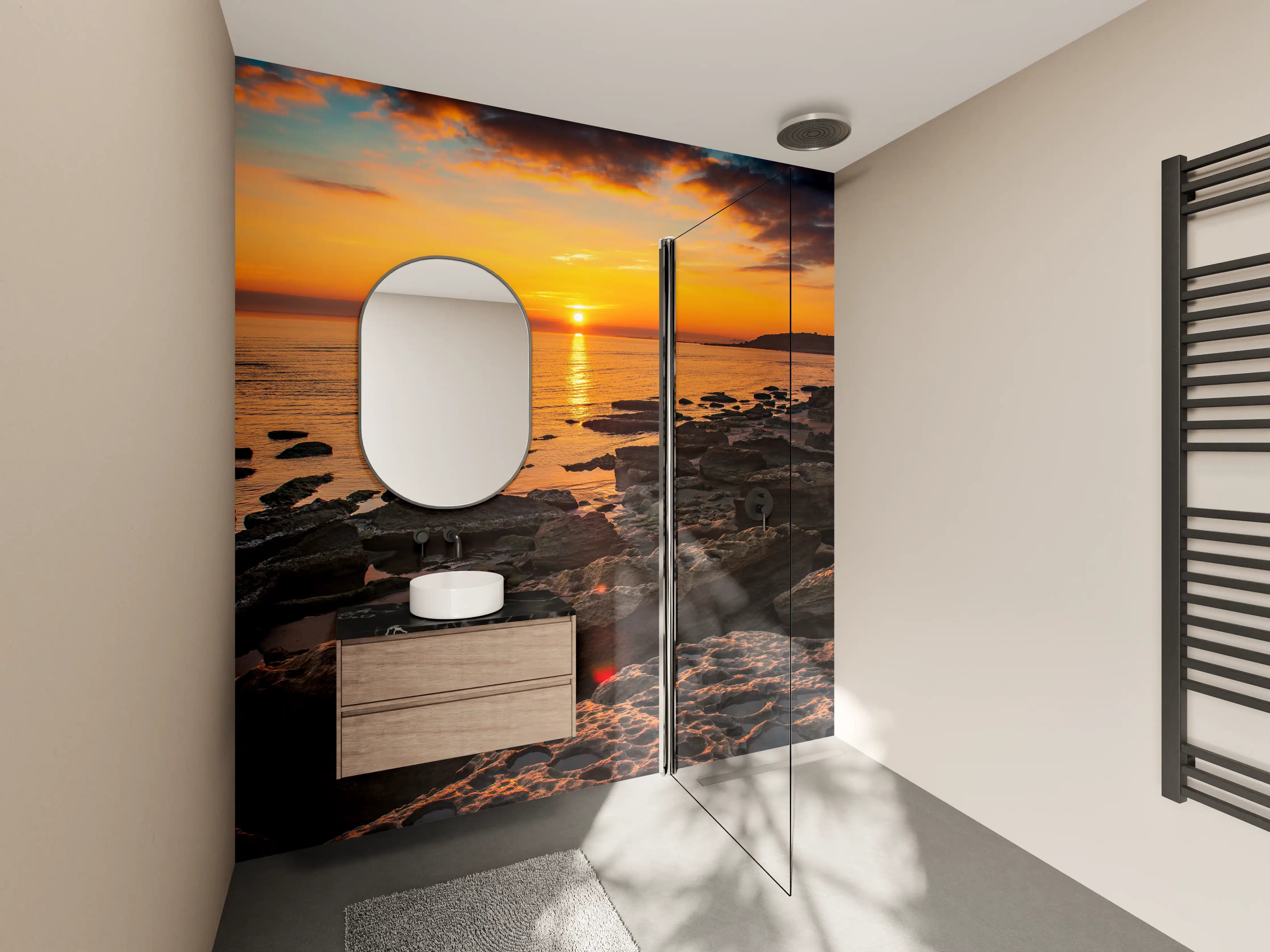 Wandverkleidung Bad - Silbernes Licht am Meer