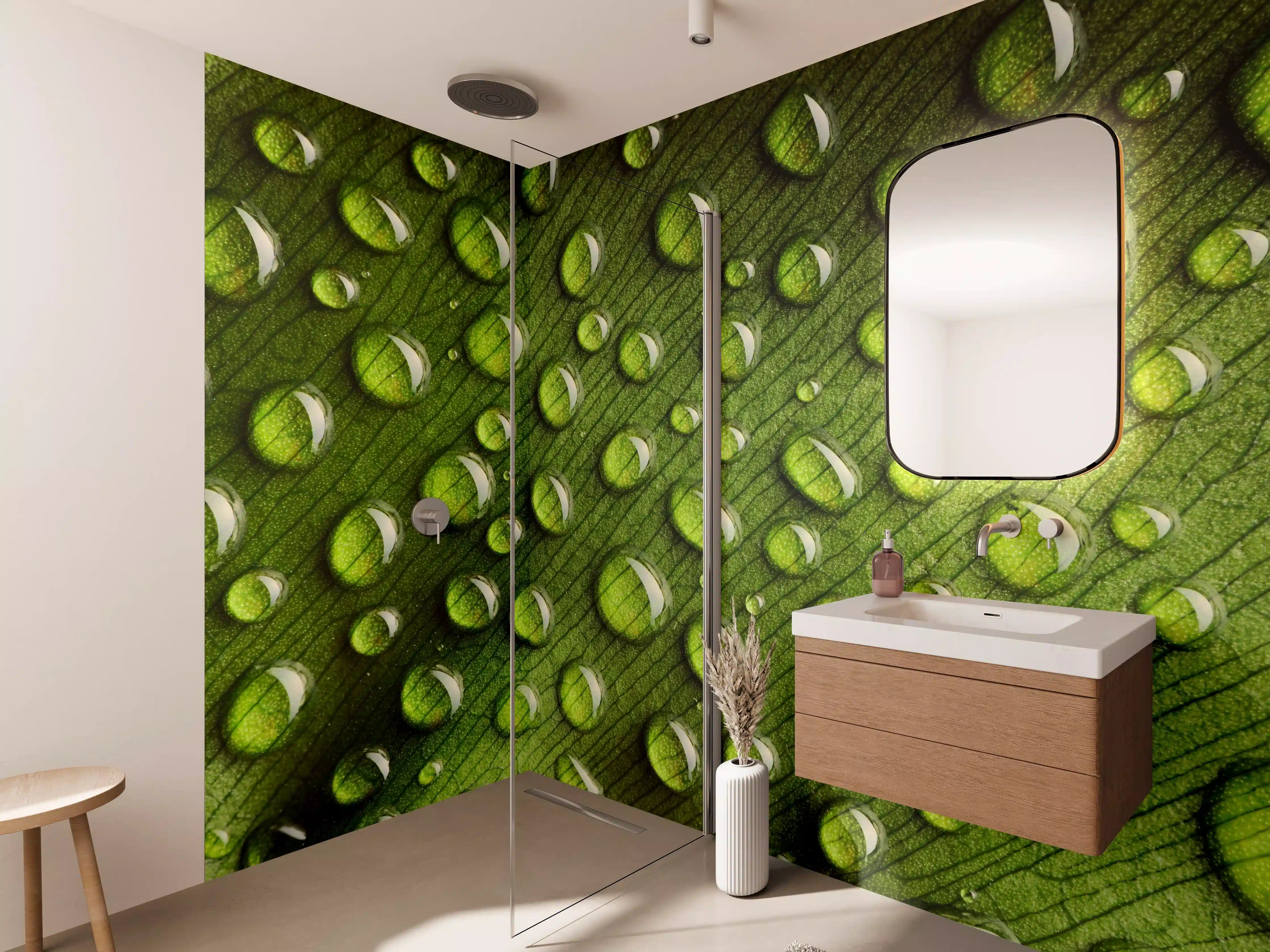 Wandverkleidung Bad - Silbrige Blätter im Tau