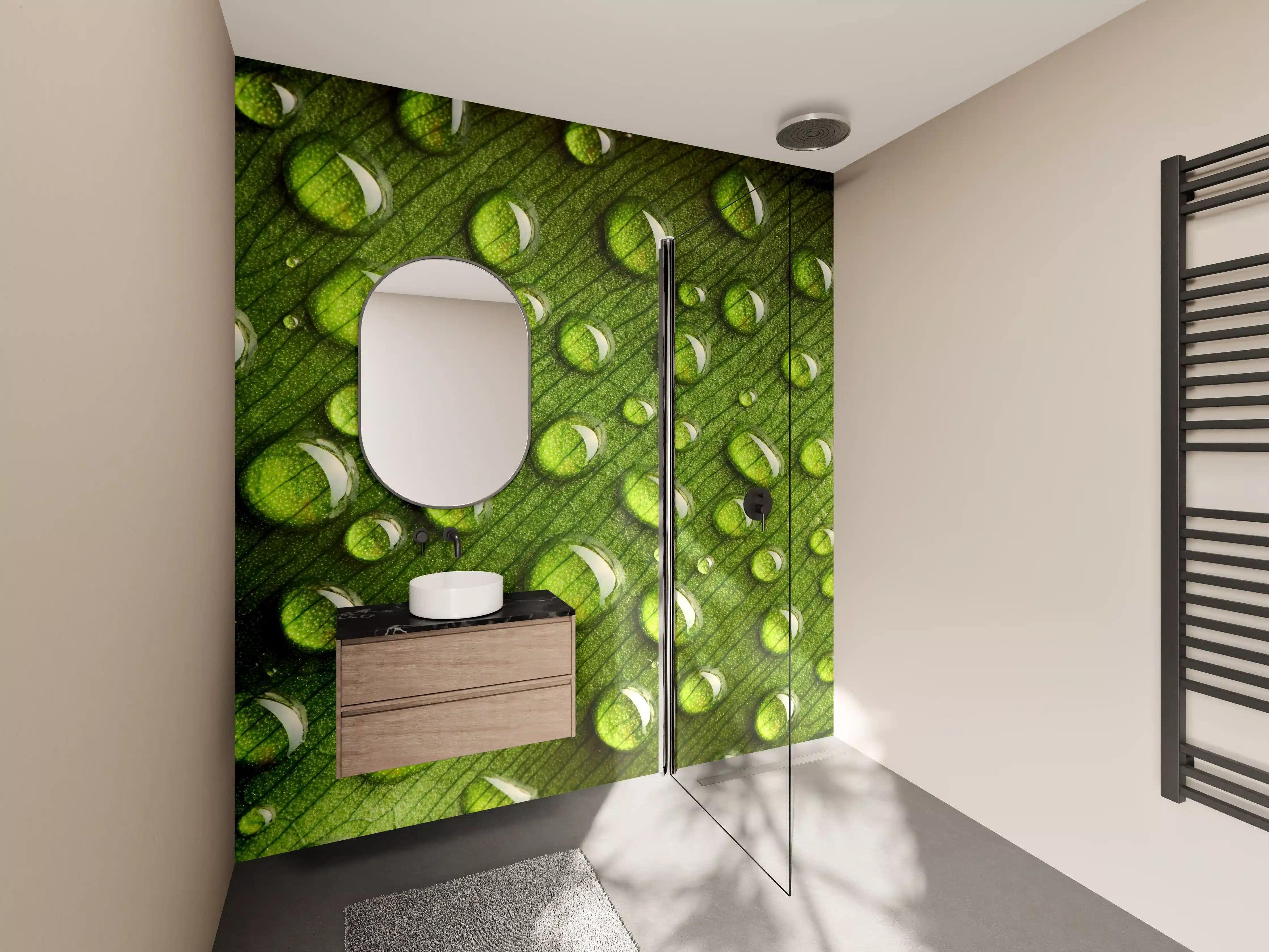 Wandverkleidung Bad - Silbrige Blätter im Tau