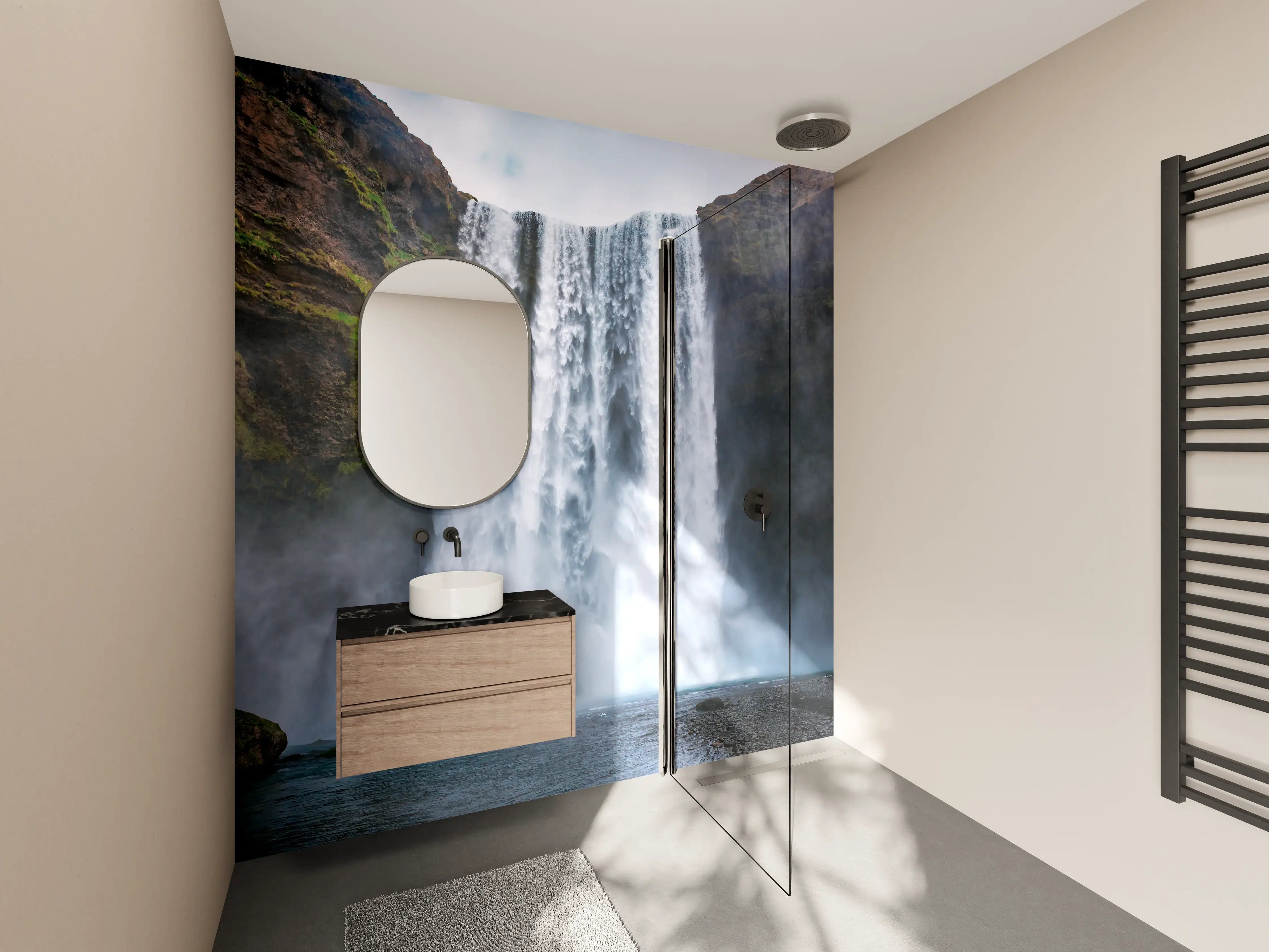 Wandverkleidung Bad - Silbriger Wasserfall in smaragdgrüner Landschaft
