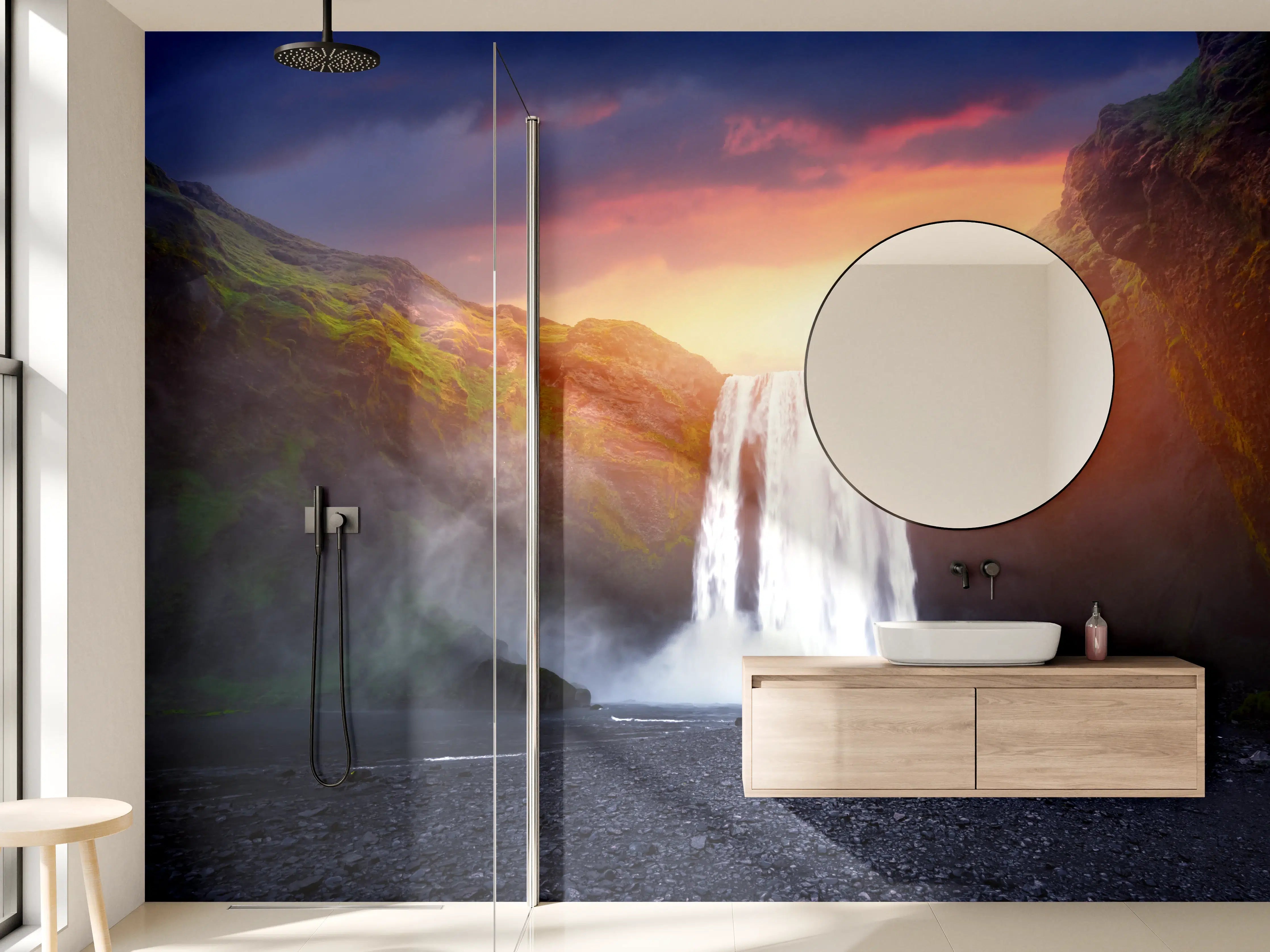 Wandverkleidung Bad - Skogafoss Wasserfall bei Sonnenuntergang