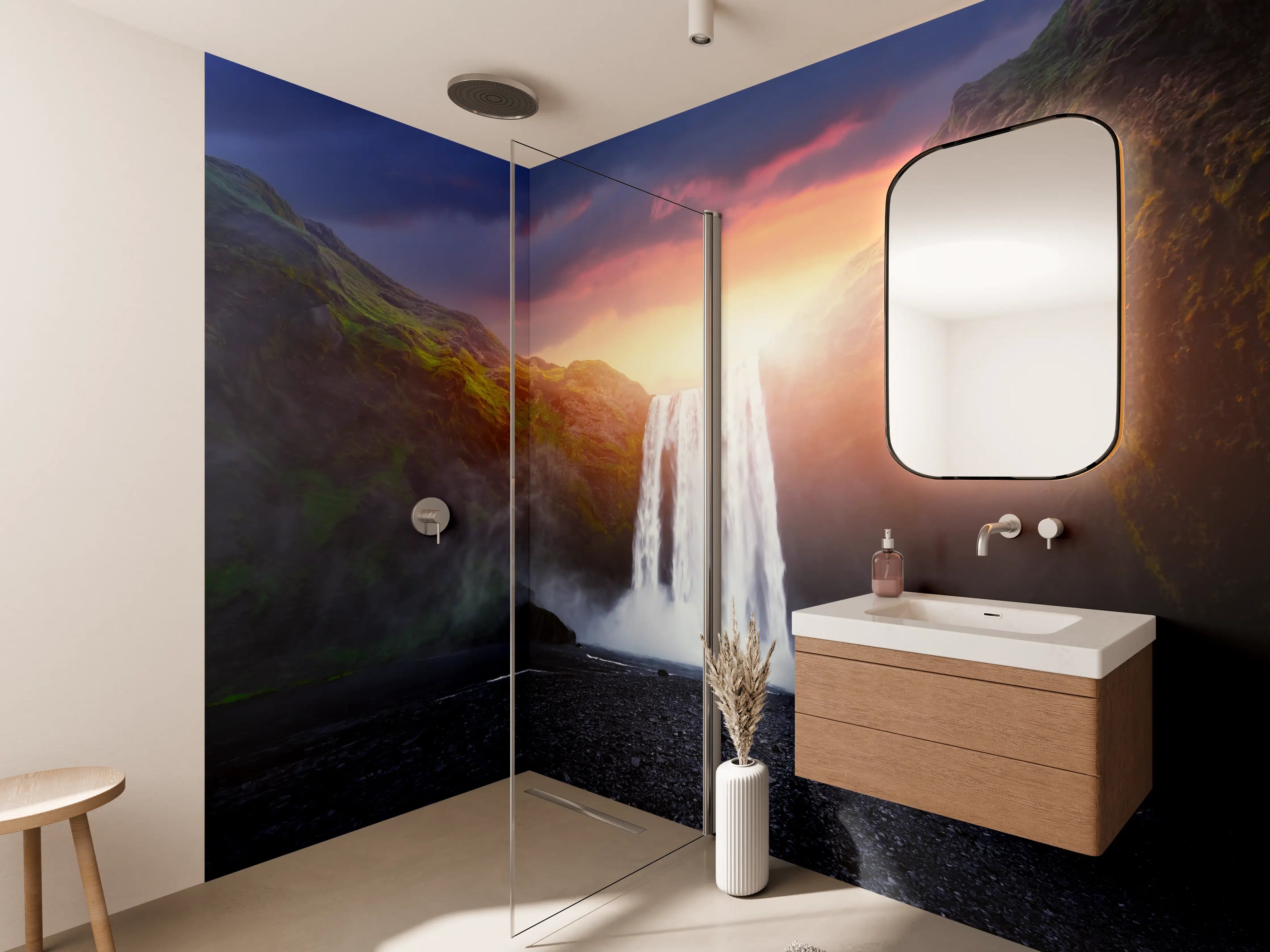 Wandverkleidung Bad - Skogafoss Wasserfall bei Sonnenuntergang