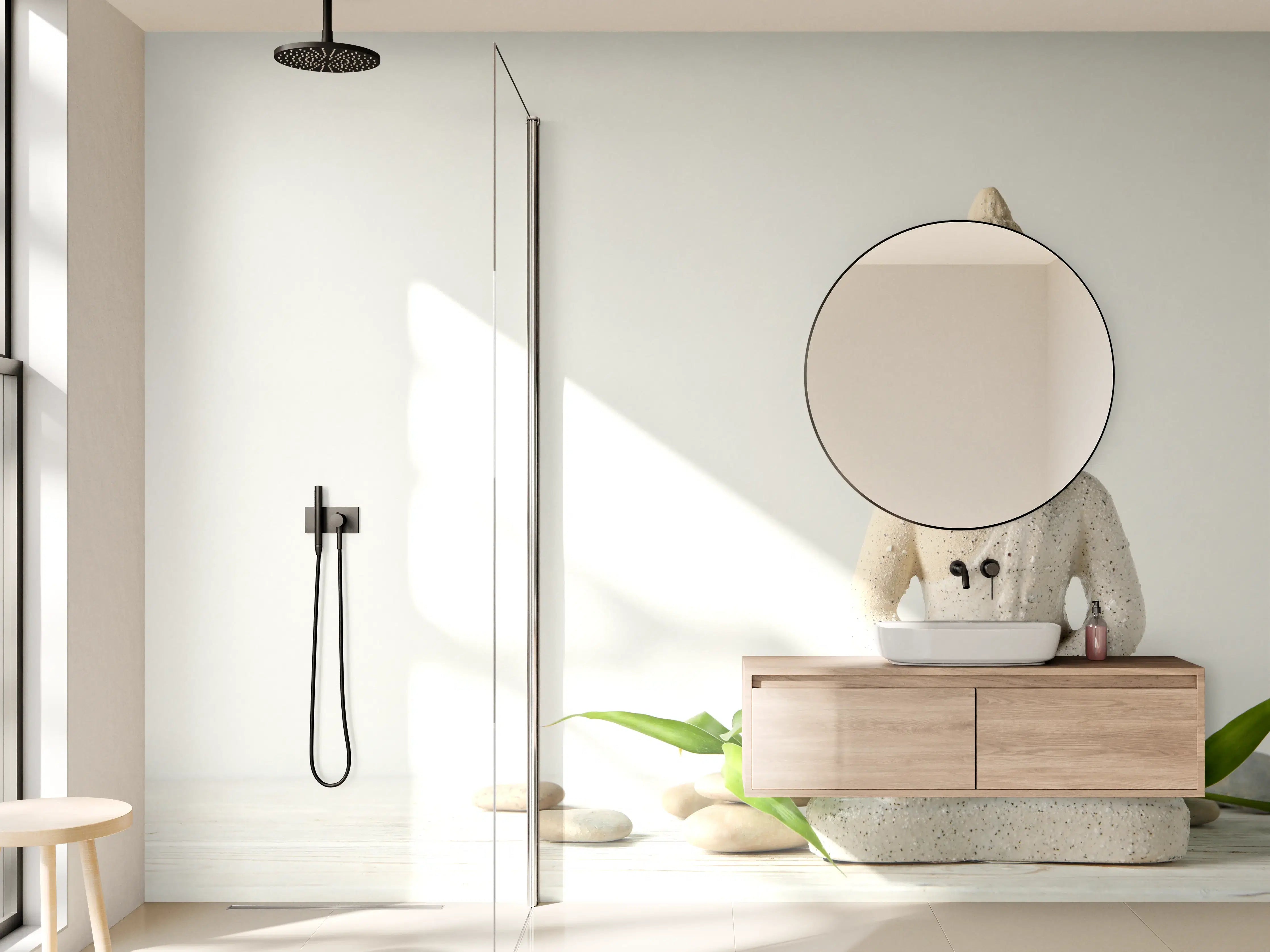 Wandverkleidung Bad - Skulptur im Zen-Stil mit grünem Akzent