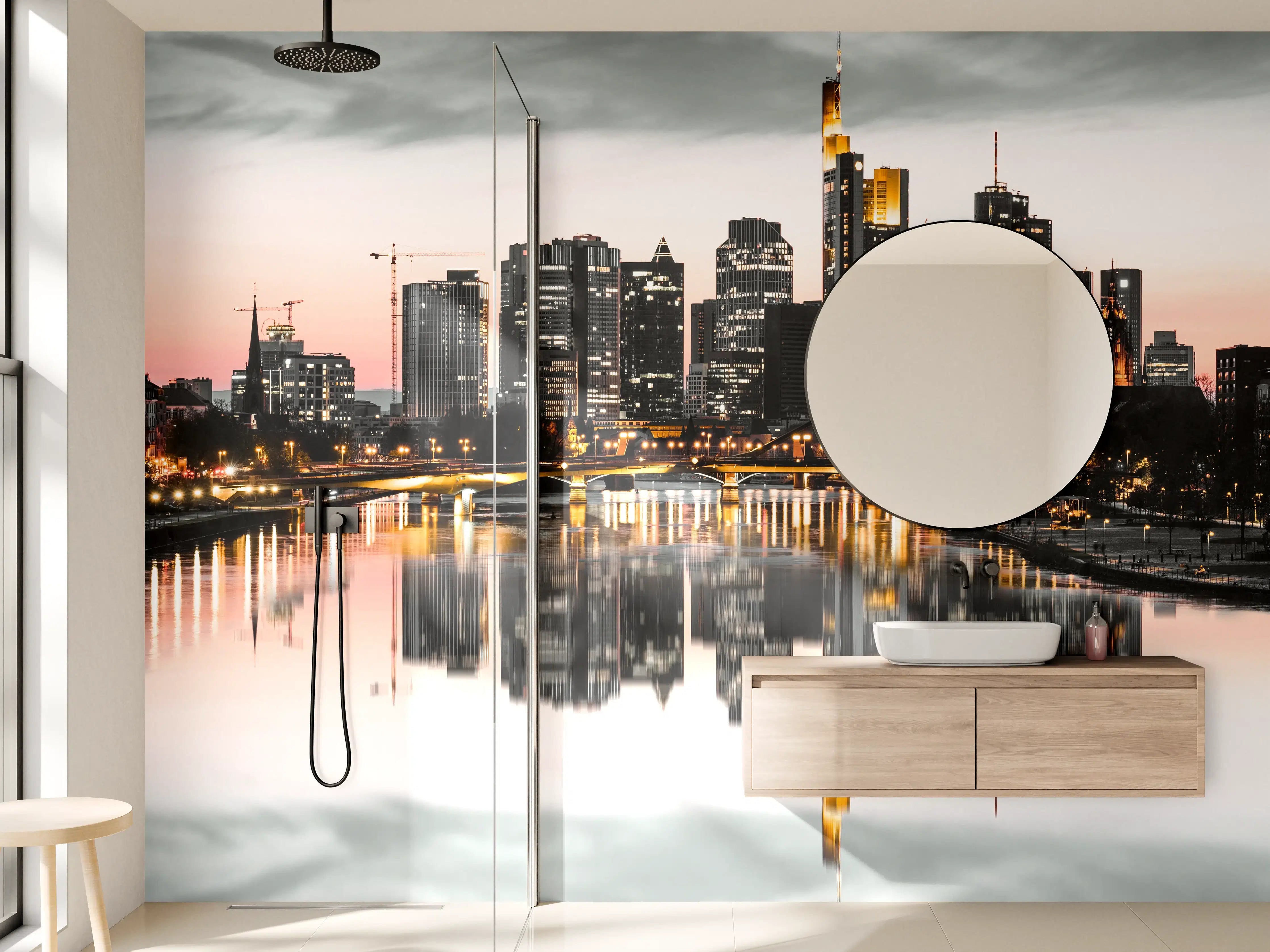 Wandverkleidung Bad - Skyline Frankfurt mit Wasser Spiegelung