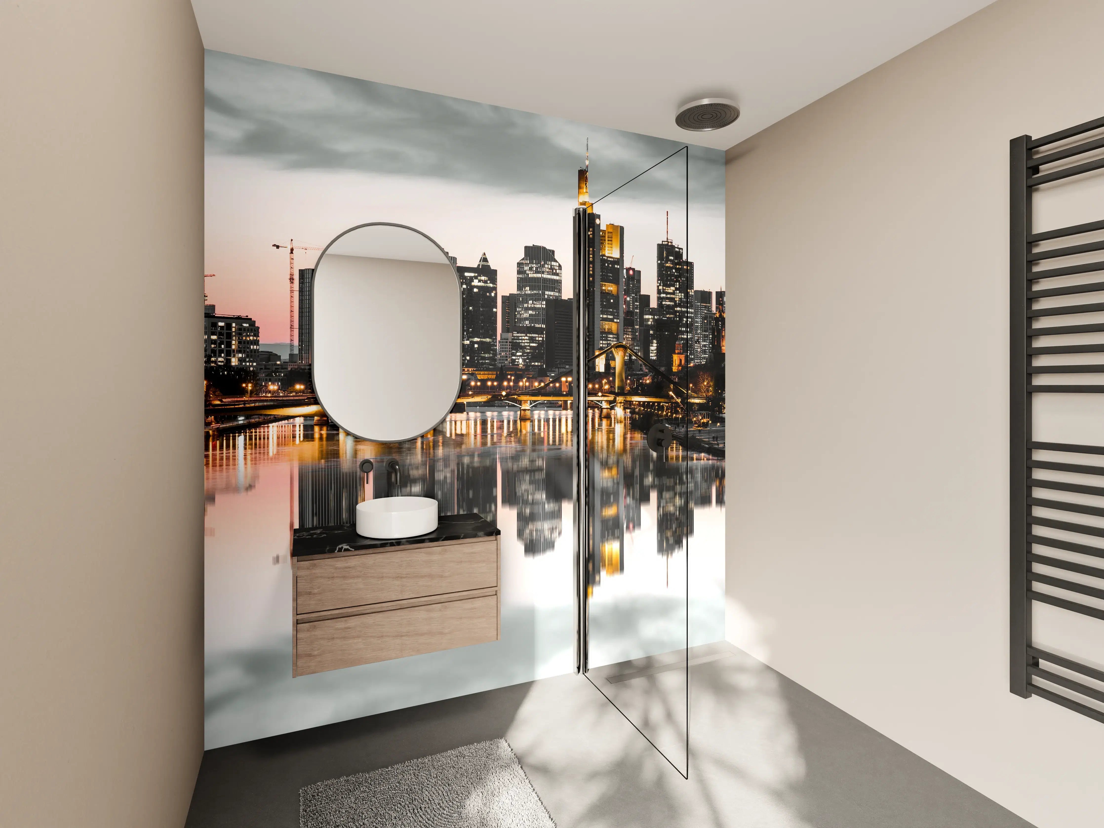 Wandverkleidung Bad - Skyline Frankfurt mit Wasser Spiegelung