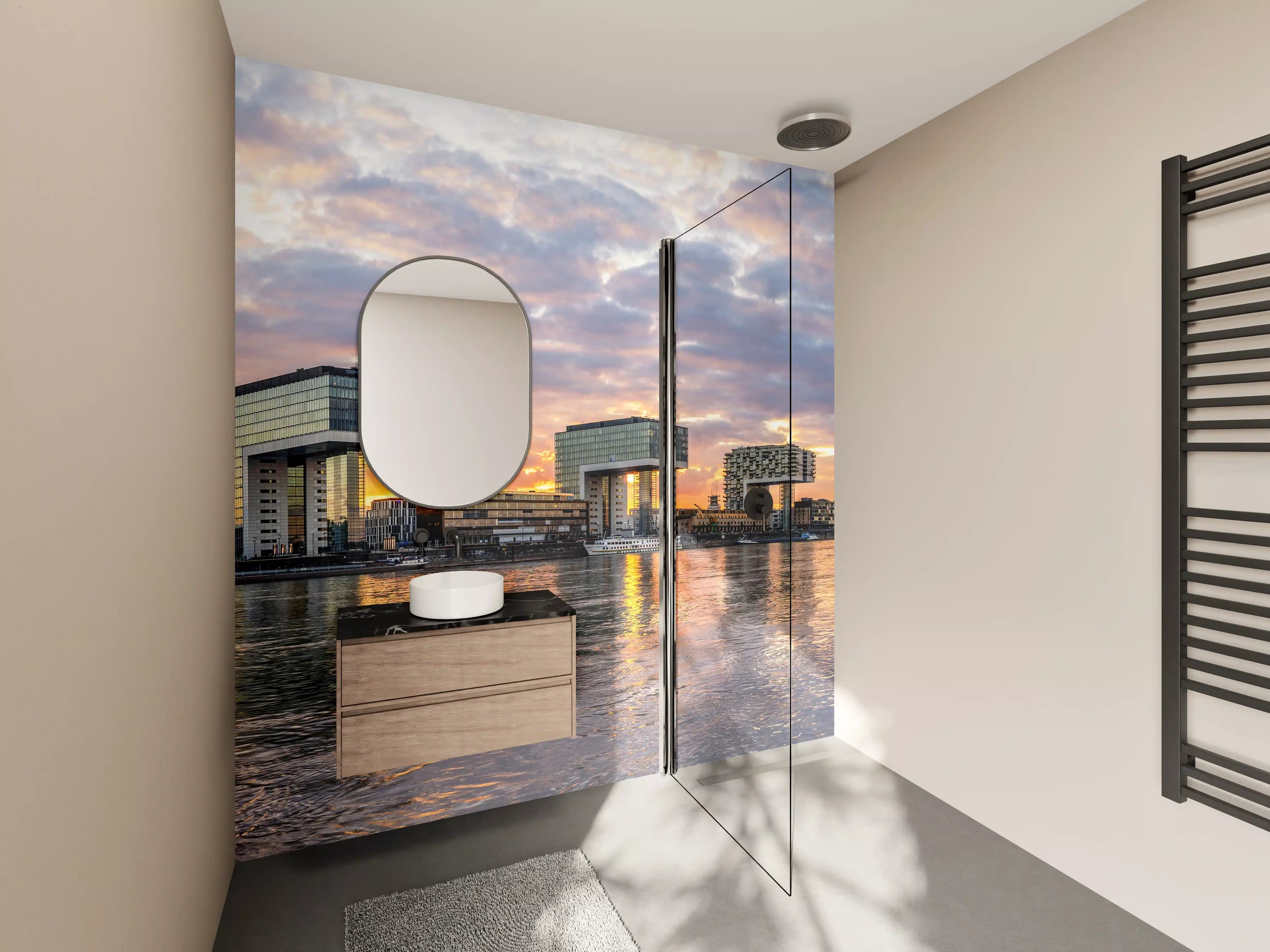 Wandverkleidung Bad - Skyline Köln mit Krankenhäuser