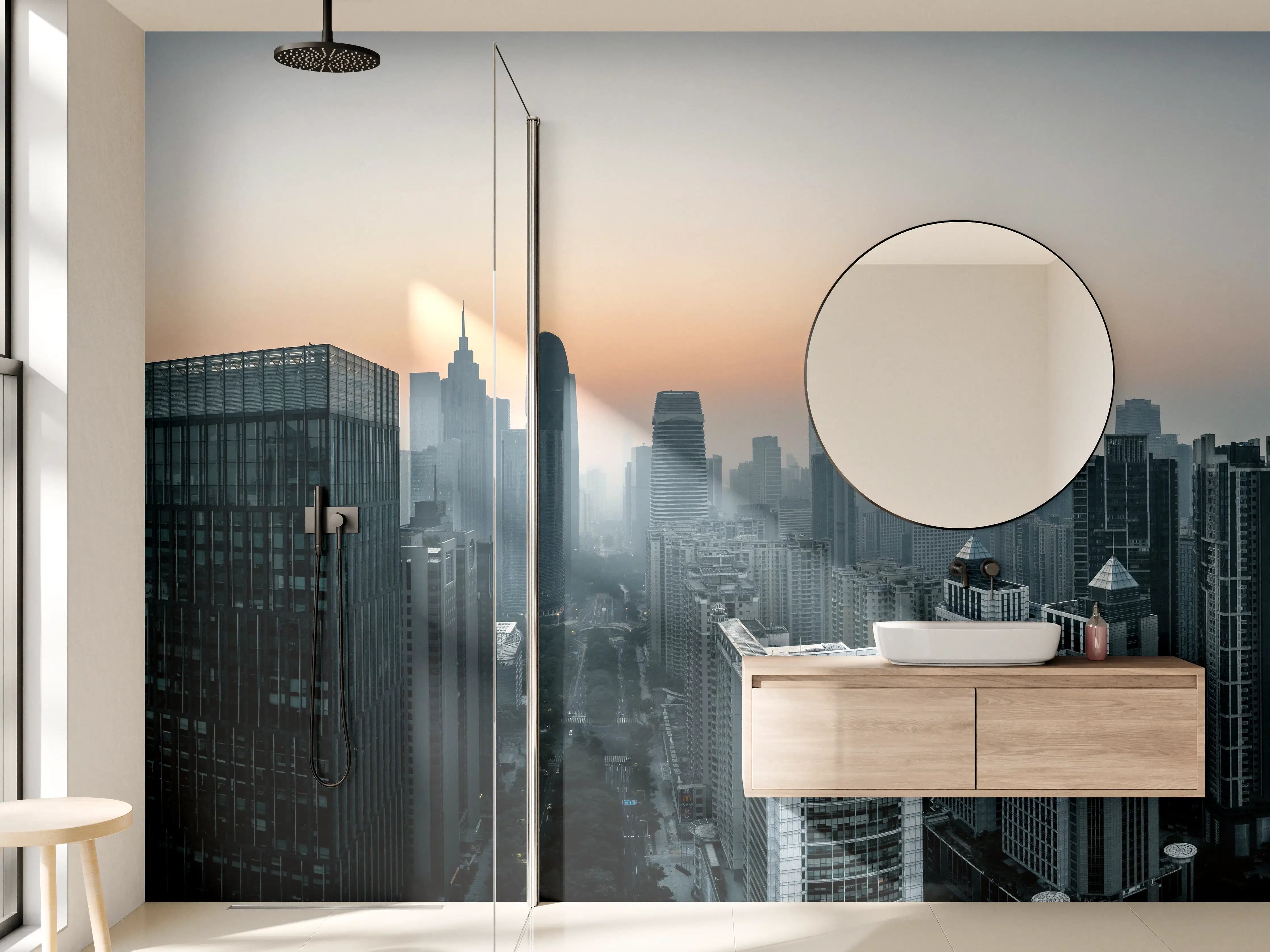 Wandverkleidung Bad - Skyline bei Sonnenuntergang in Blau- und Grautönen