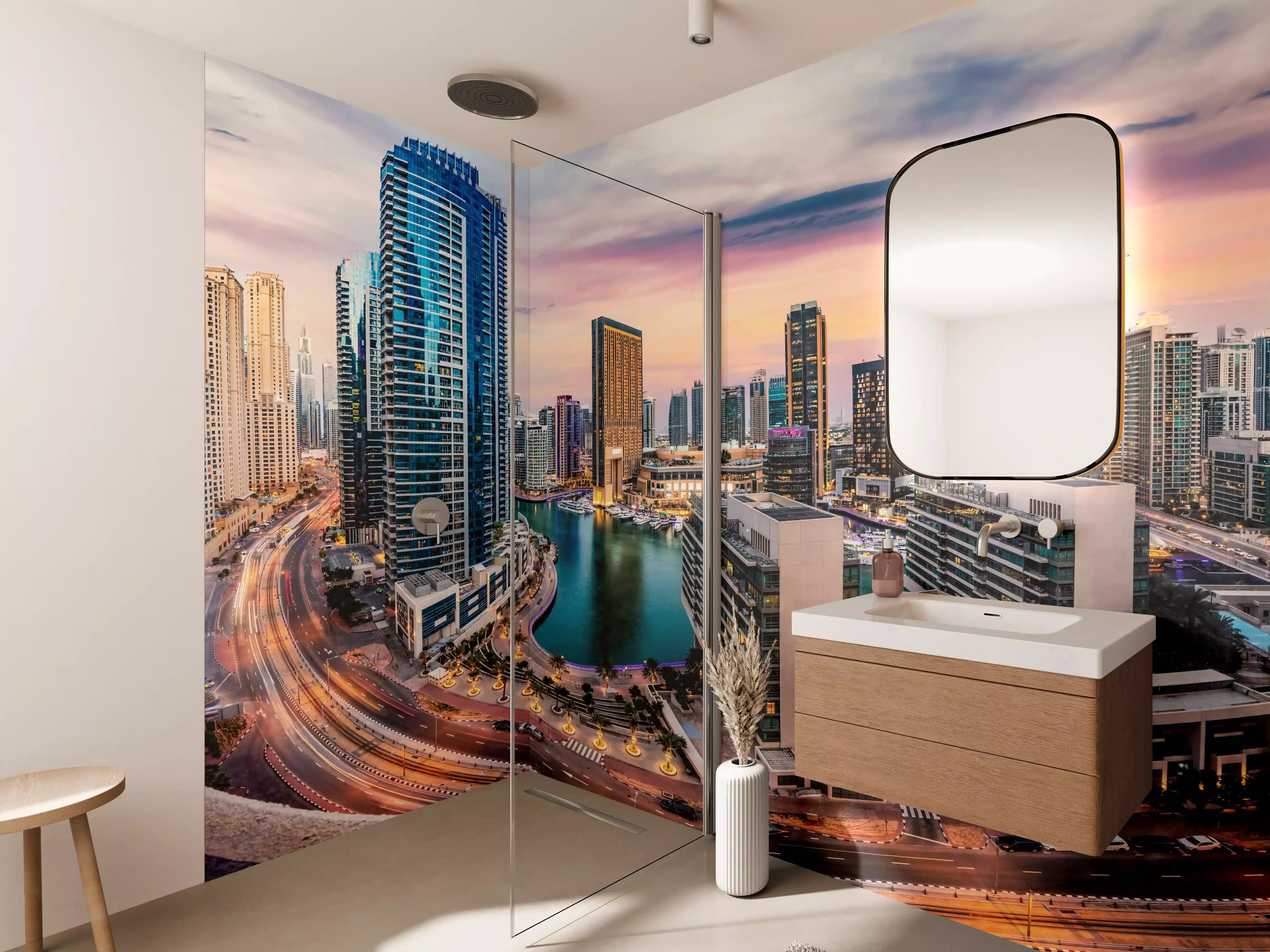 Wandverkleidung Bad - Skyline des Jachthafens von Dubai bei Sonnenuntergang
