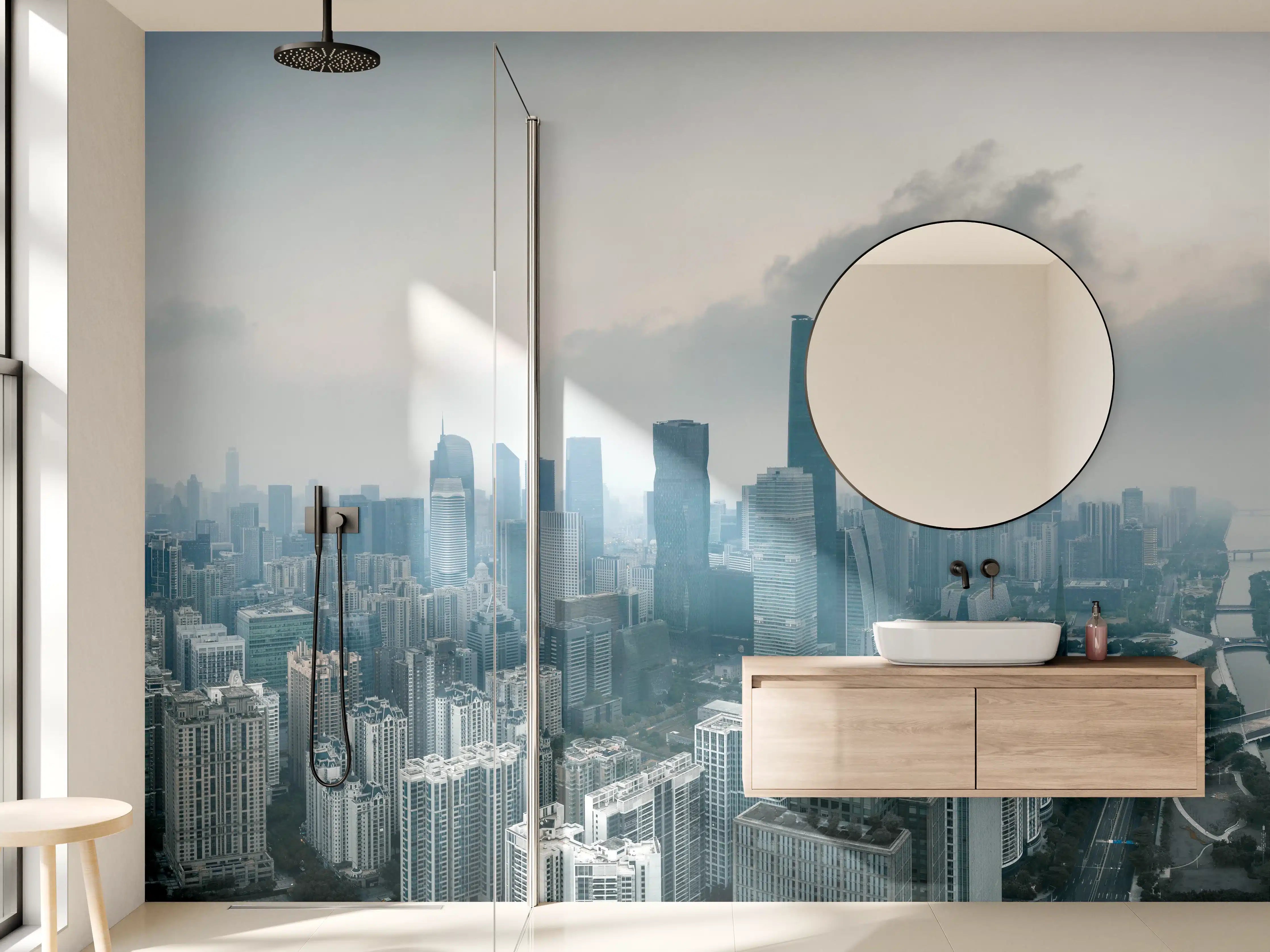 Wandverkleidung Bad - Skyline einer modernen Großstadt bei bewölktem Himmel