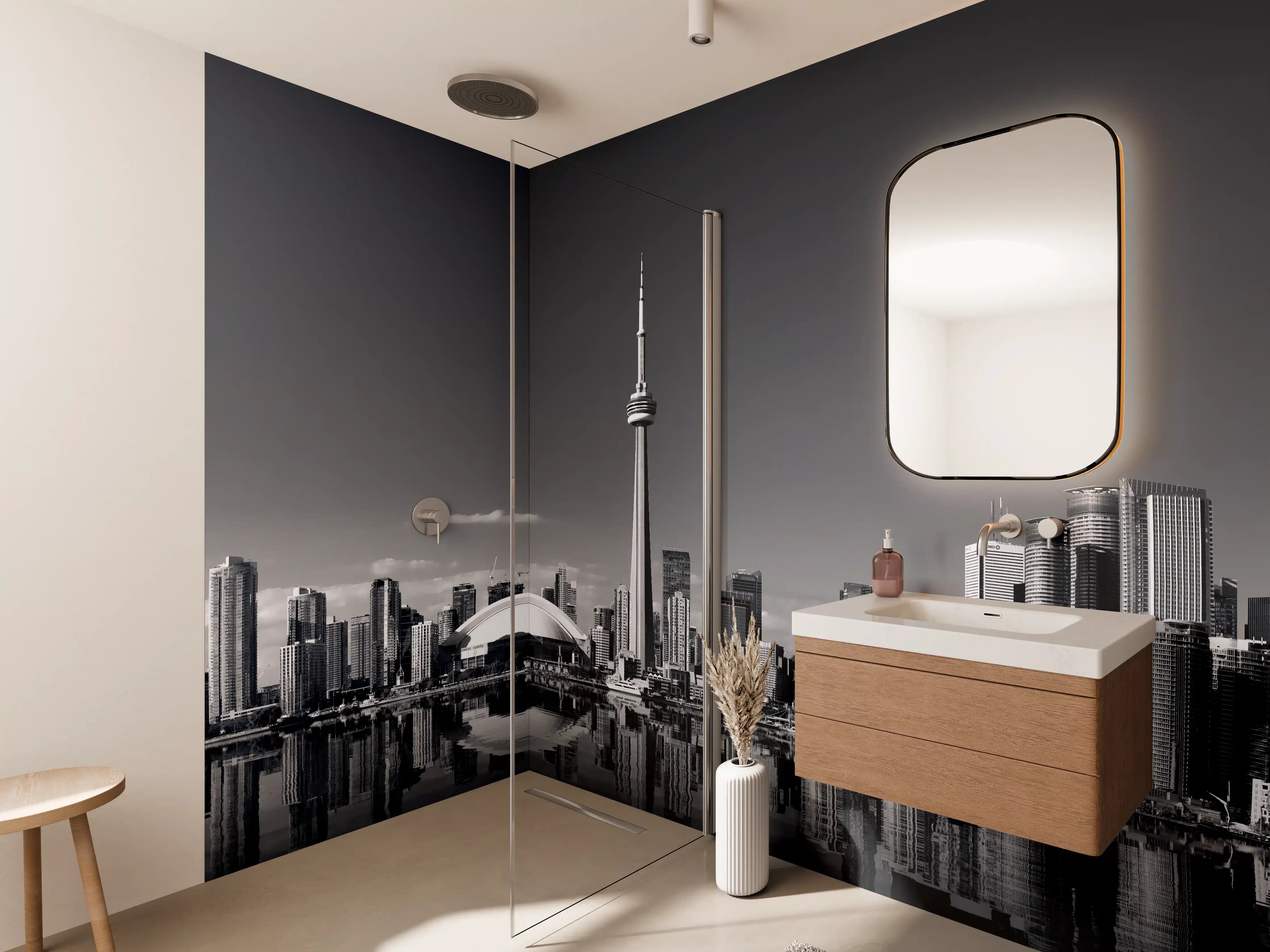Wandverkleidung Bad - Skyline von Toronto mit CN Turm in schwarz weiß