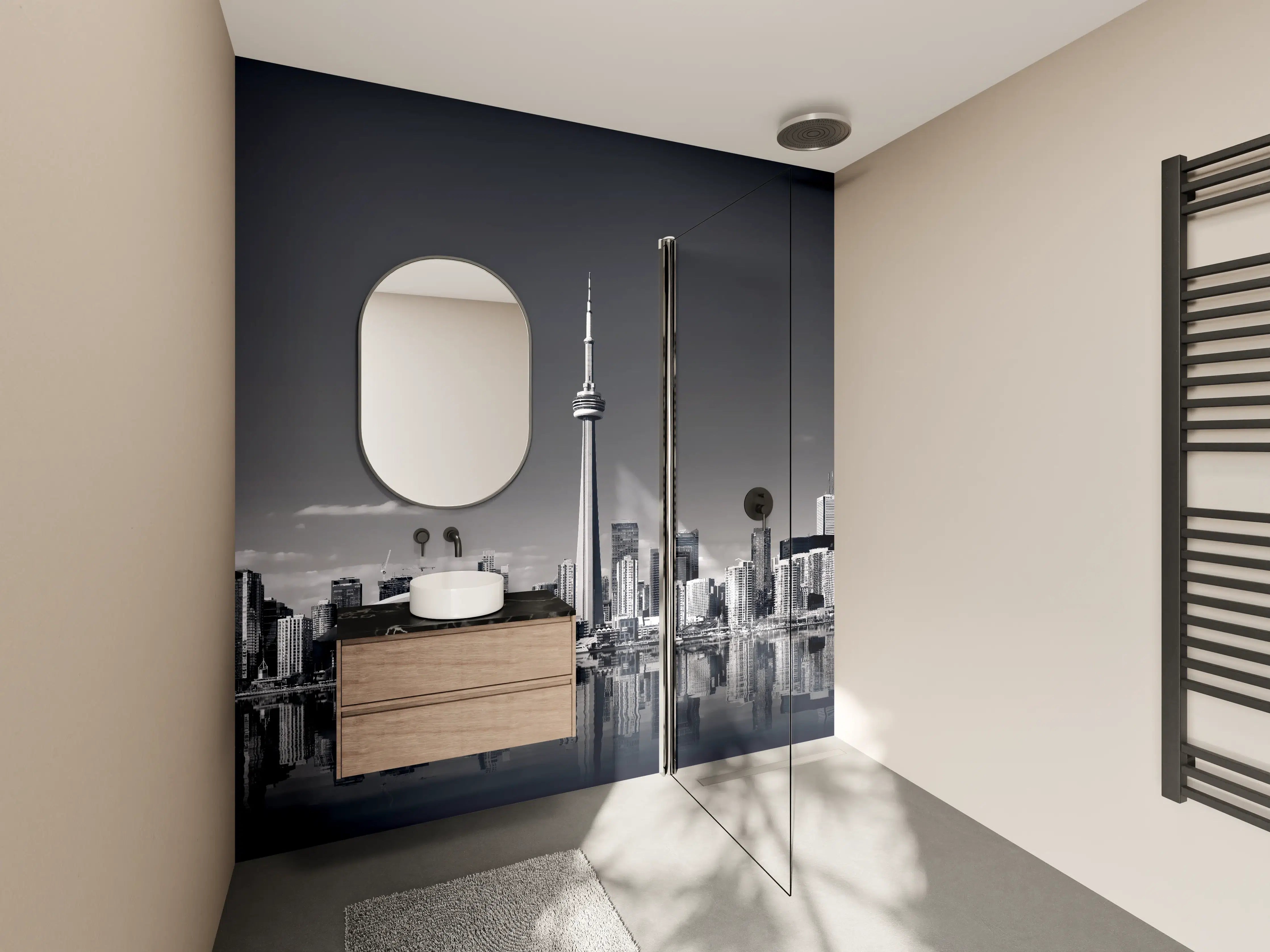 Wandverkleidung Bad - Skyline von Toronto mit CN Turm in schwarz weiß