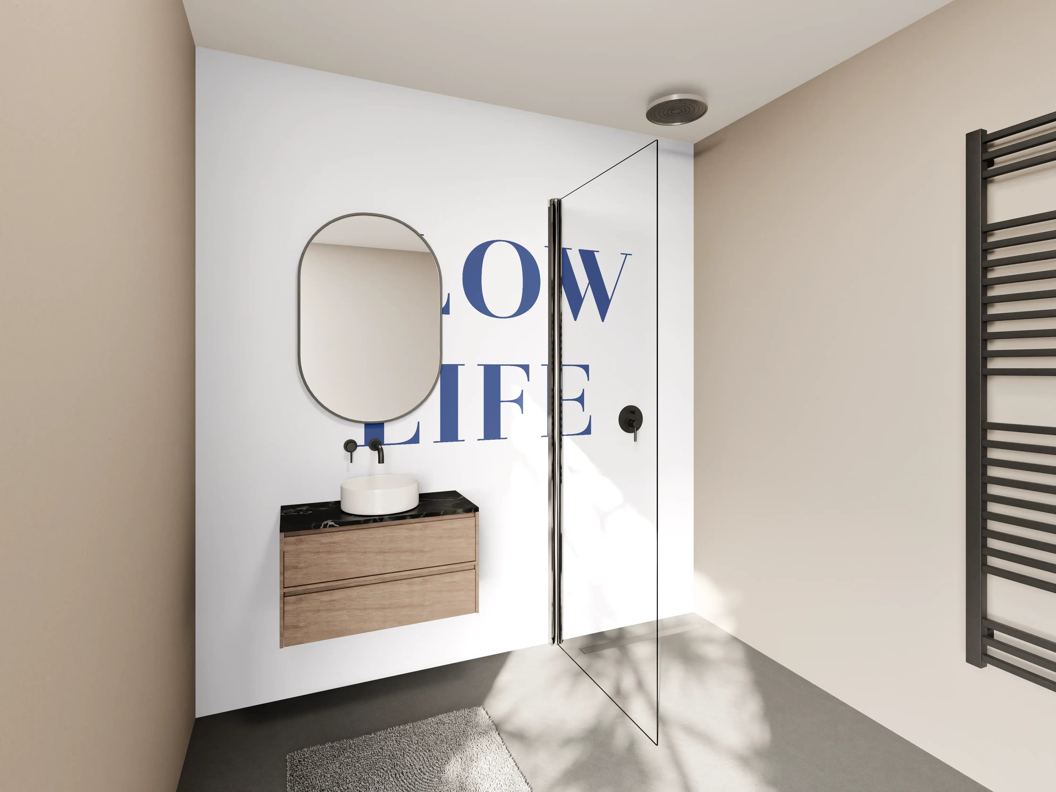 Wandverkleidung Bad - Slow Life Text in Blau auf Weiß