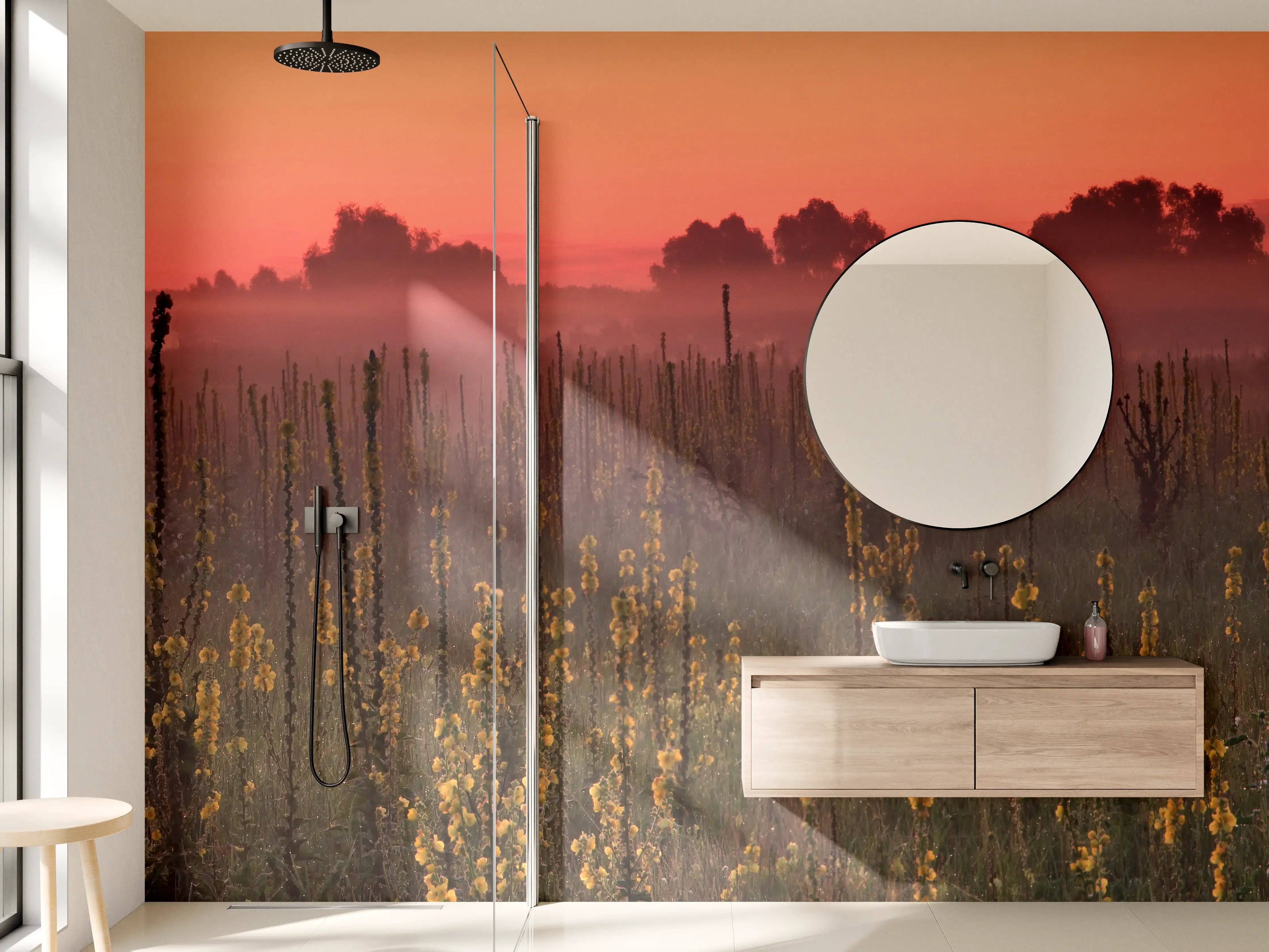 Wandverkleidung Bad - Sonnenaufgang über Feldern mit Blüten