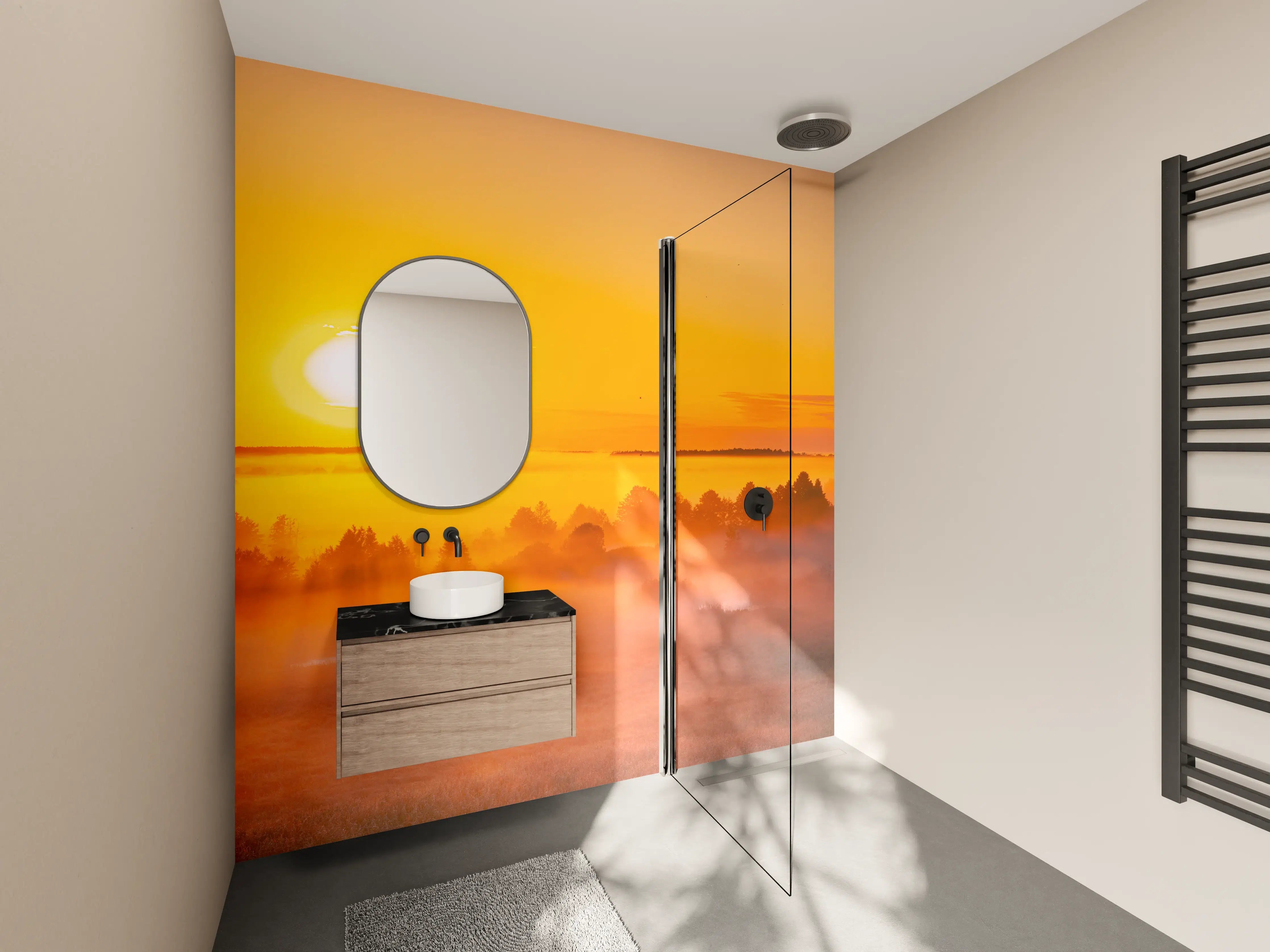 Wandverkleidung Bad - Sonnenaufgang über nebligem Feld