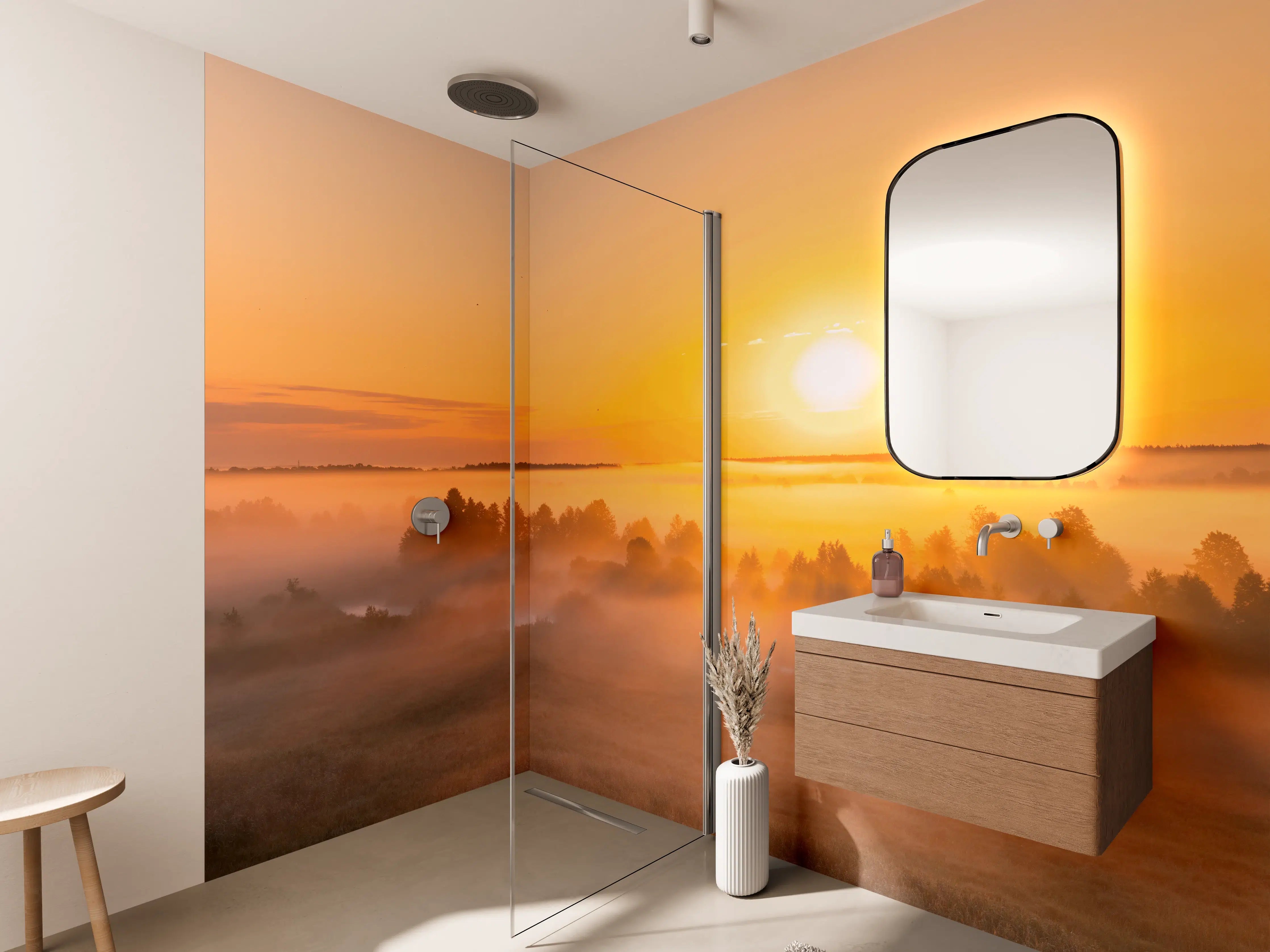 Wandverkleidung Bad - Sonnenaufgang über nebliger Landschaft