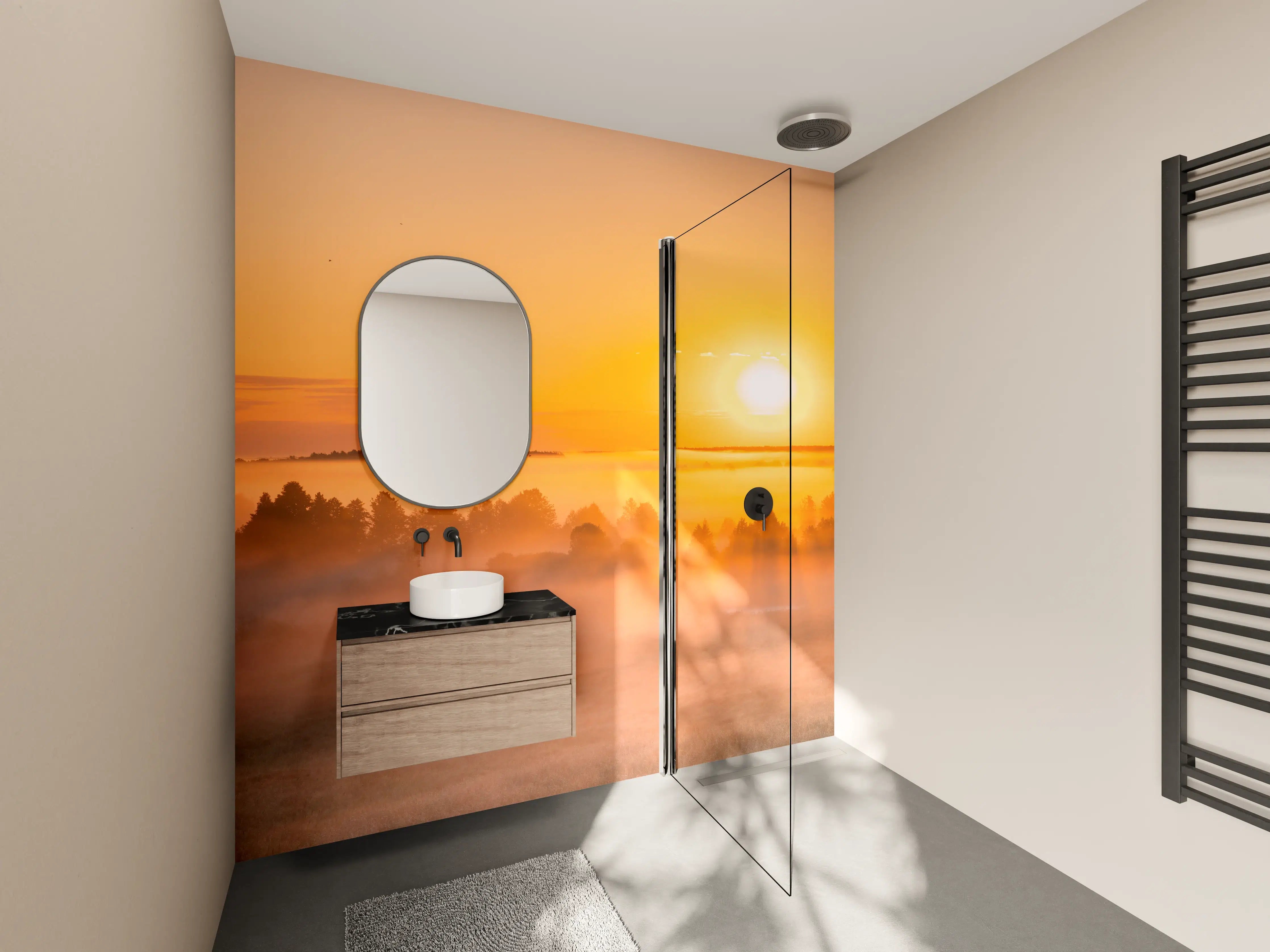Wandverkleidung Bad - Sonnenaufgang über nebliger Landschaft