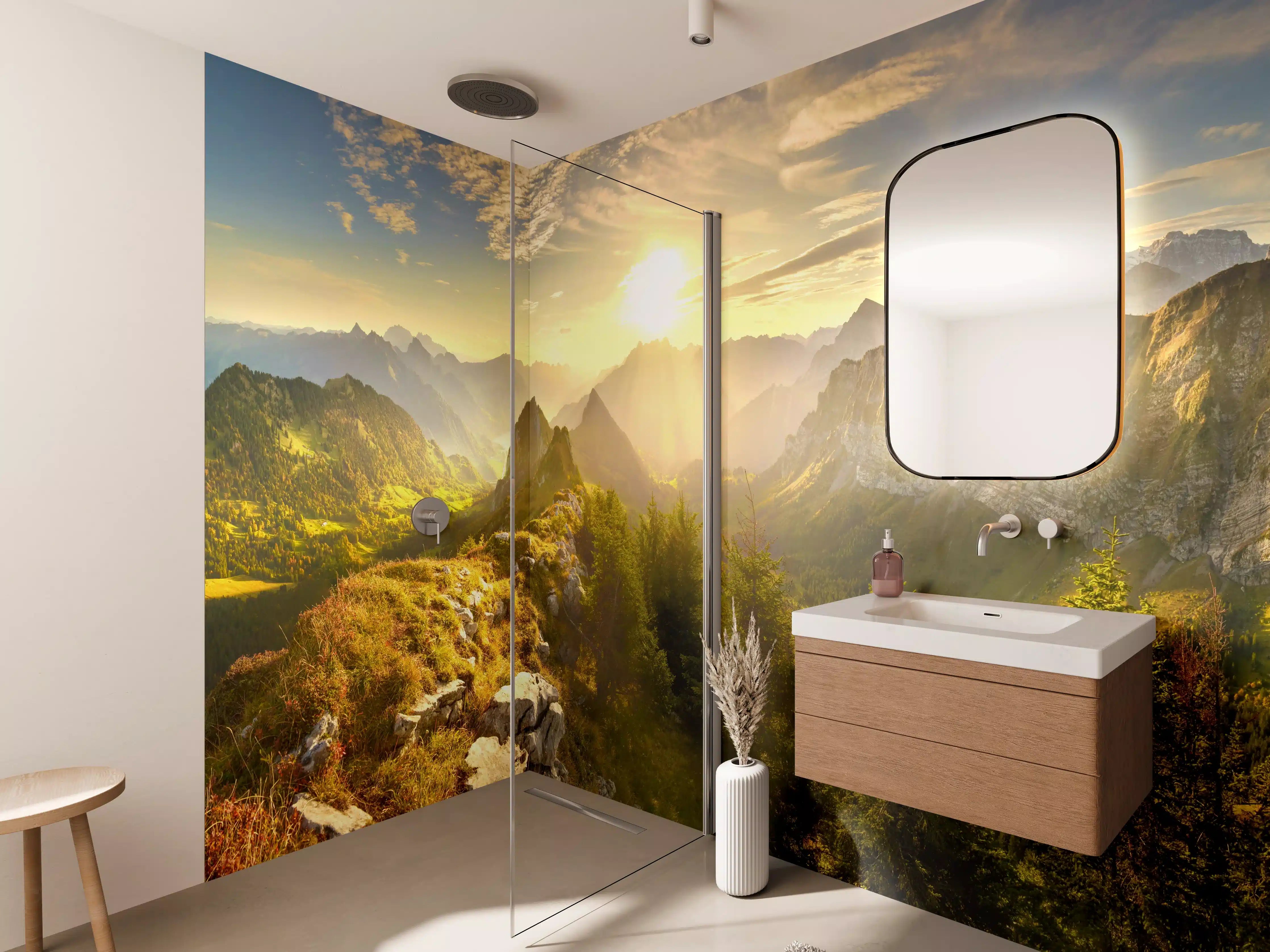 Wandverkleidung Bad - Sonnenaugang über Schweizer Alpen