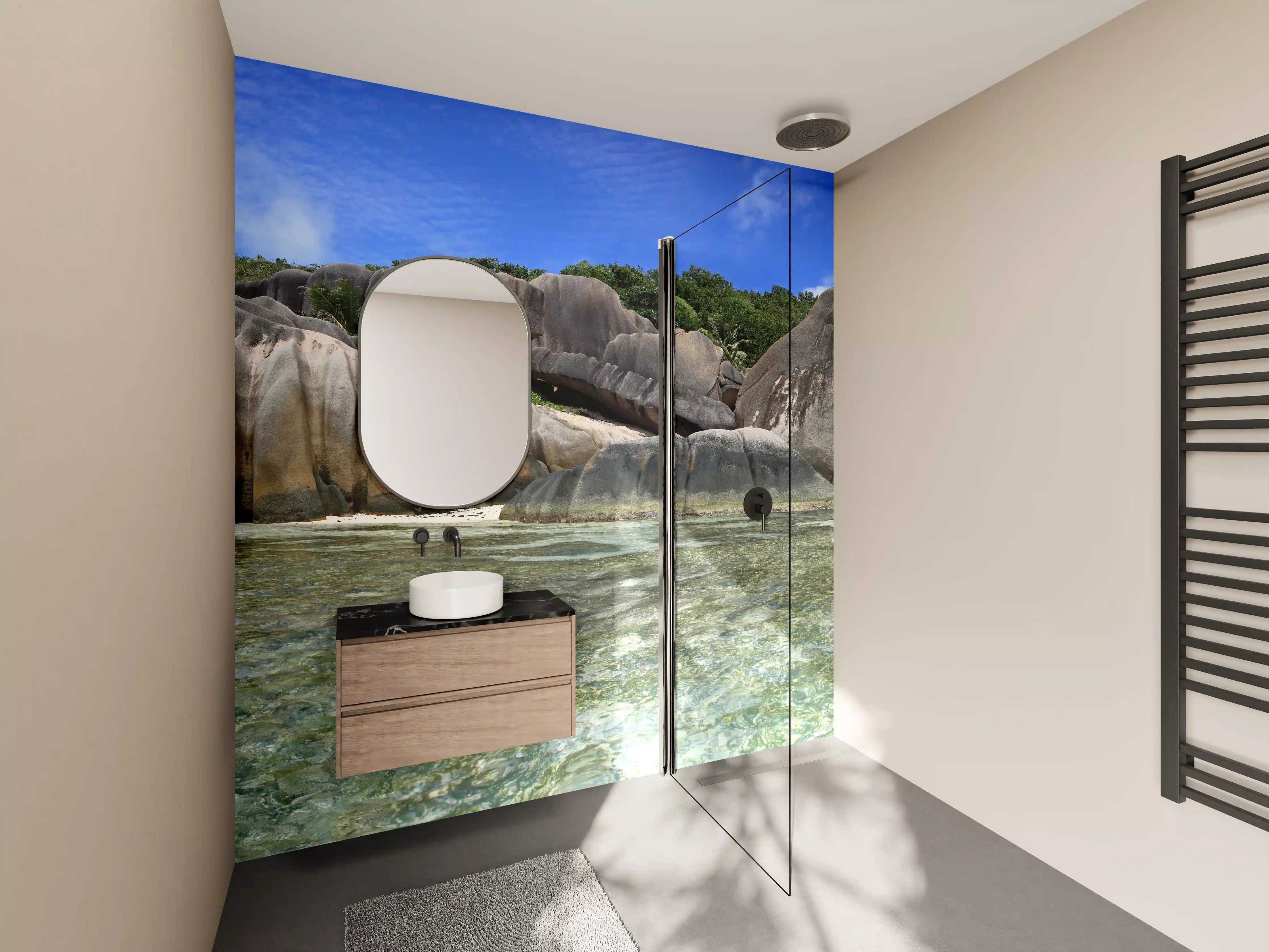 Wandverkleidung Bad - Sonnenbeschienene Felsenlandschaft am Meer