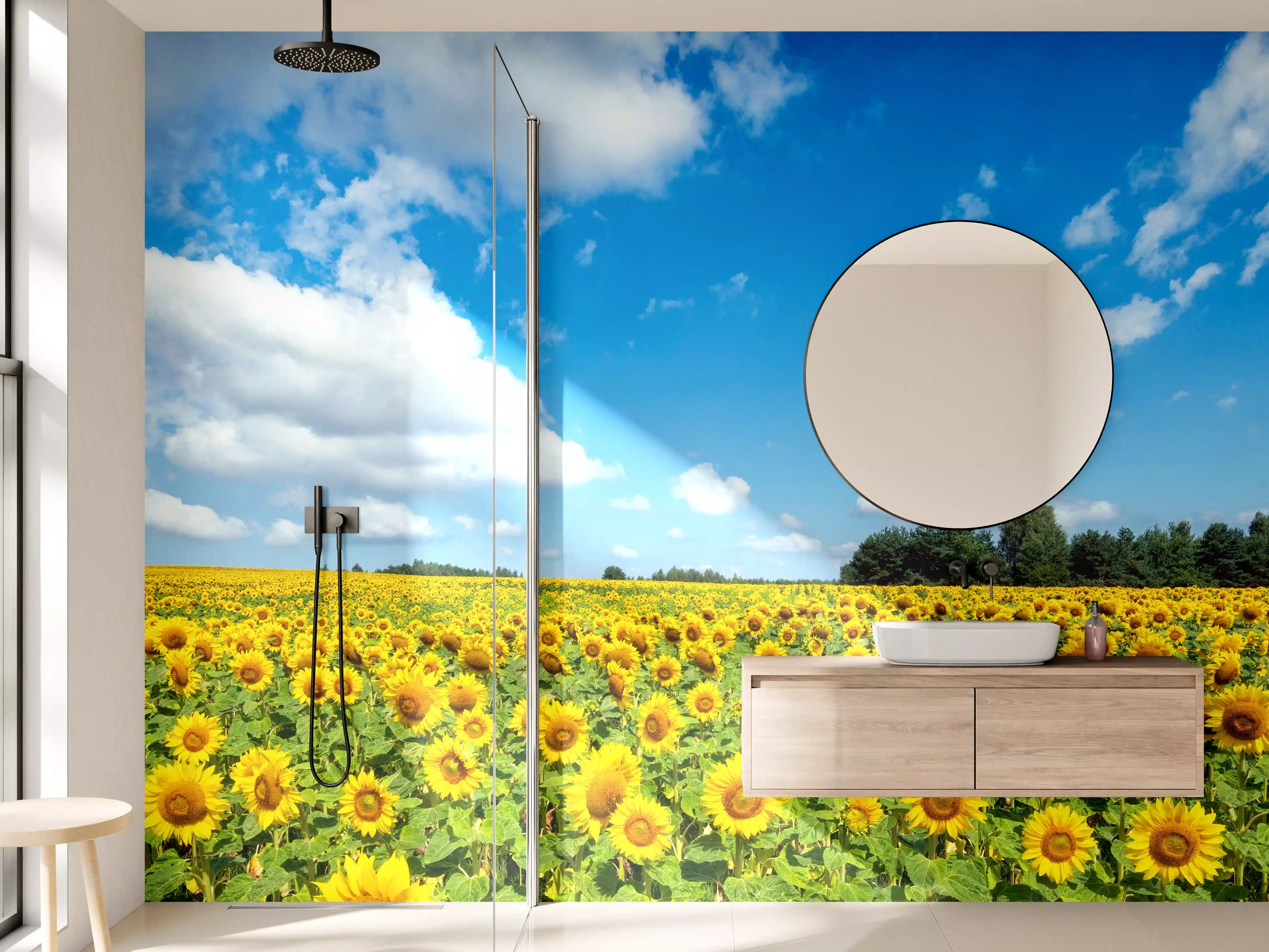 Wandverkleidung Bad - Sonnenblumenfeld unter blauem Himmel