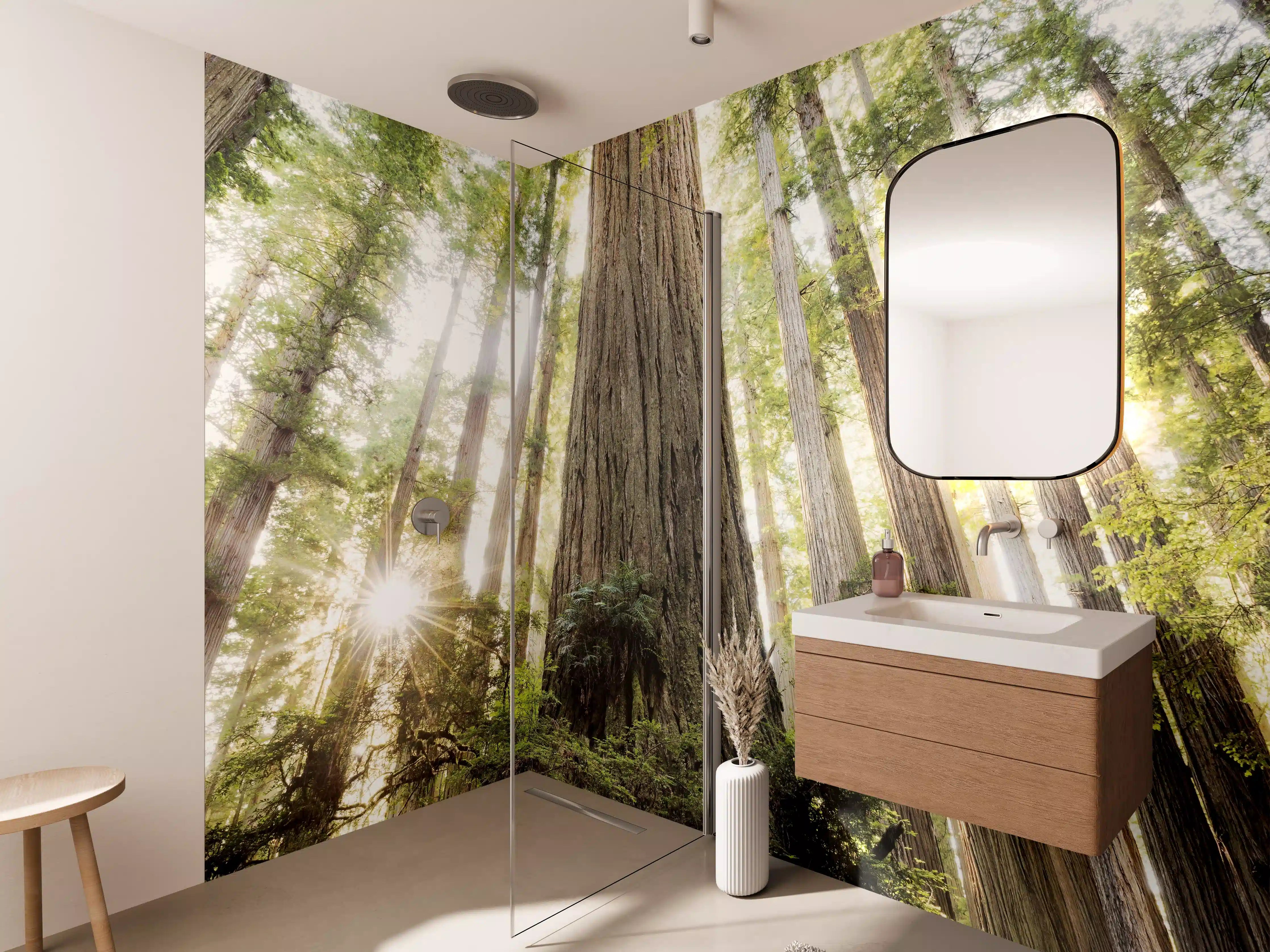 Wandverkleidung Bad - Sonnenstrahlen im Grünen Wald