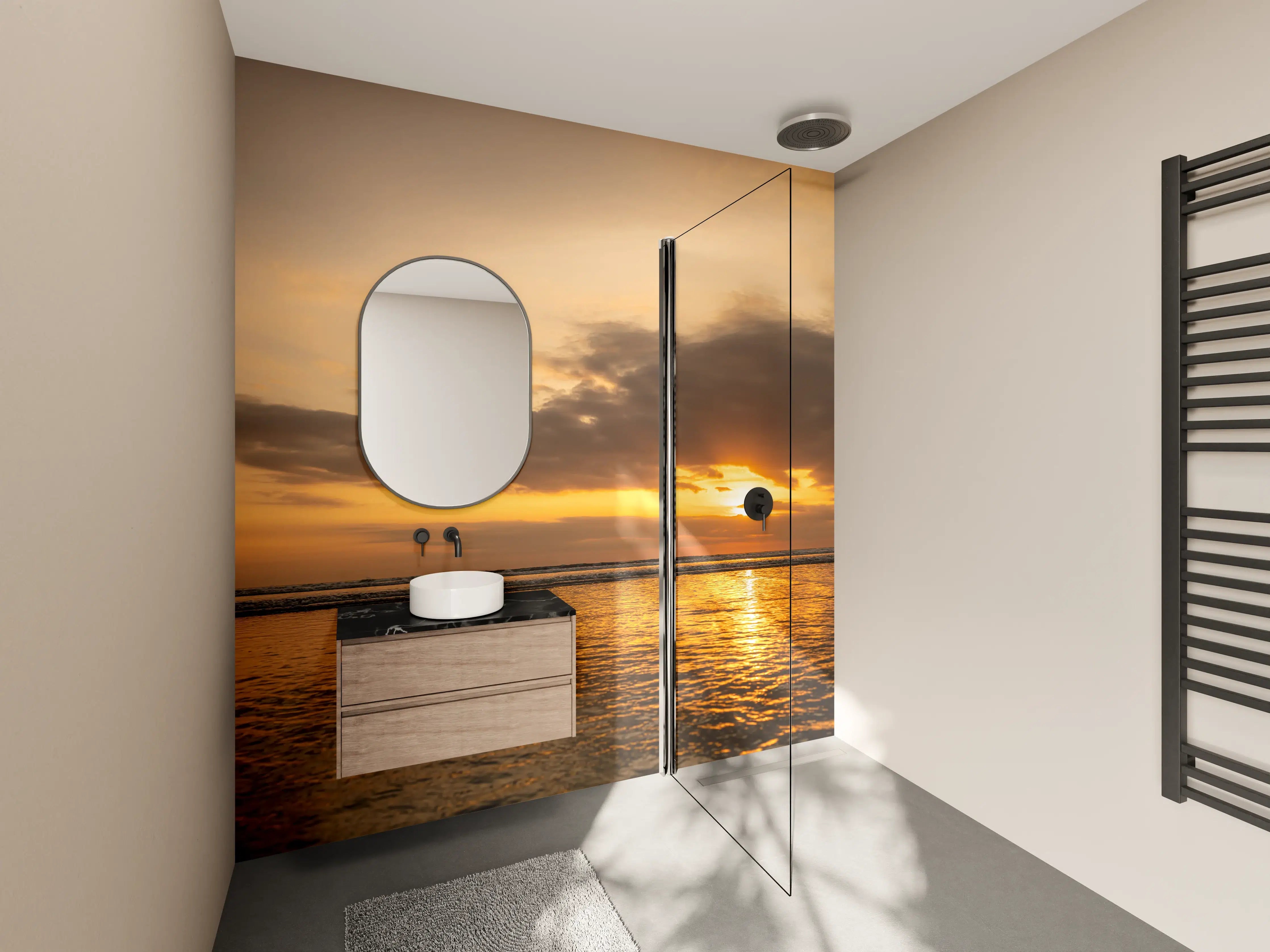 Wandverkleidung Bad - Sonnenuntergang am Meer mit warmen Farben