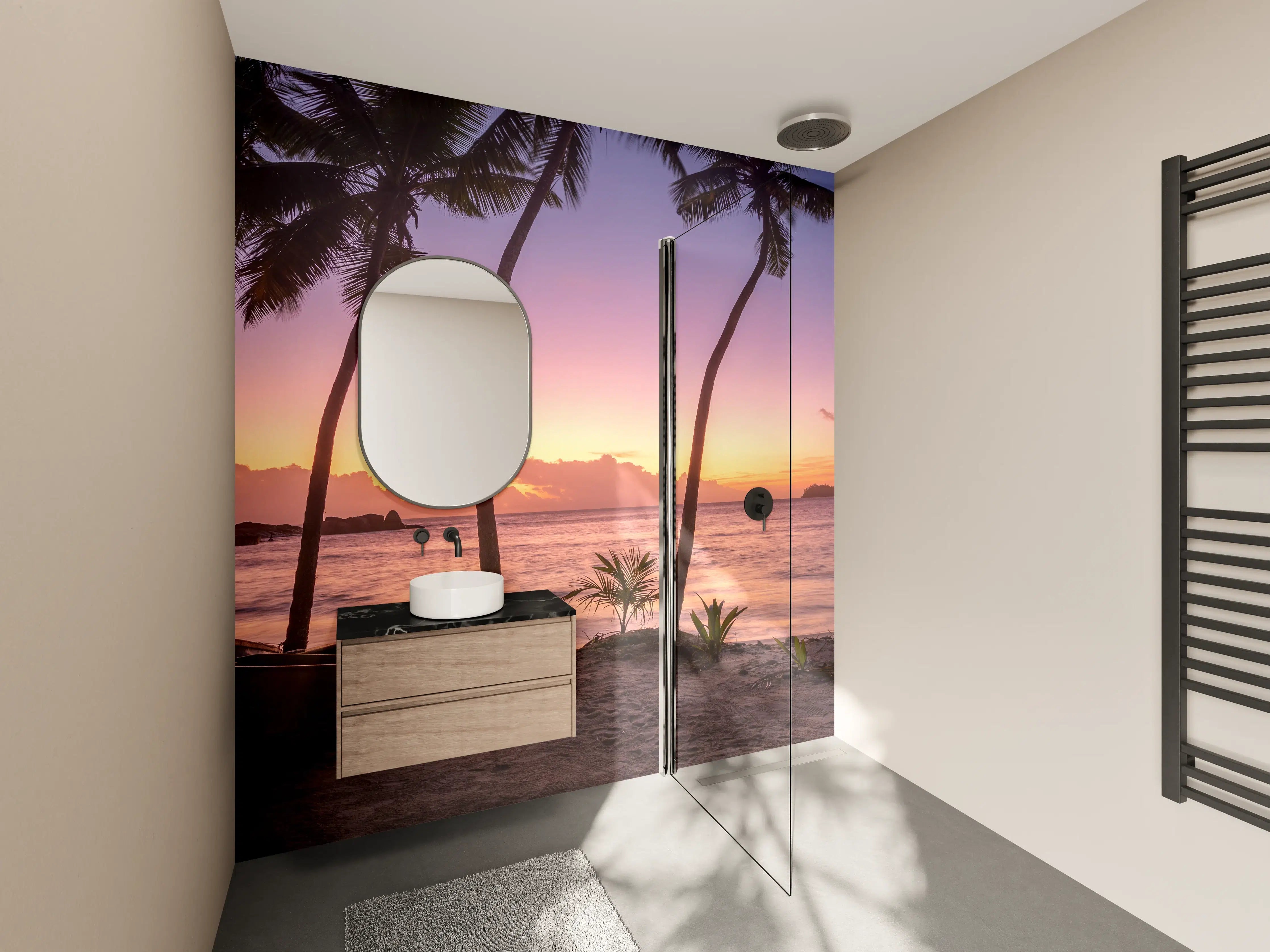 Wandverkleidung Bad - Sonnenuntergang am Strand Anse Takamaka