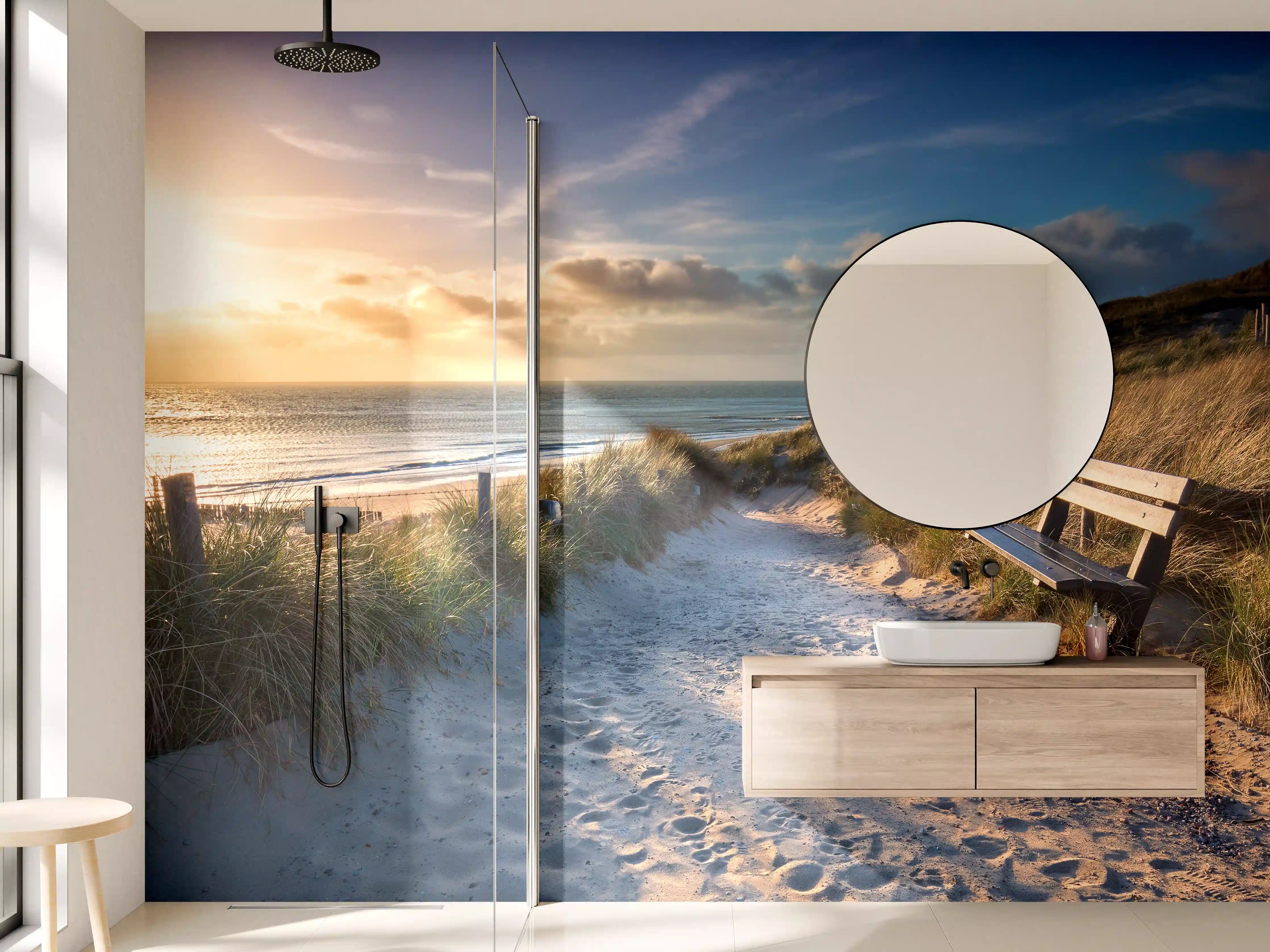 Wandverkleidung Bad - Sonnenuntergang am Strand mit Dünen und Bankabend